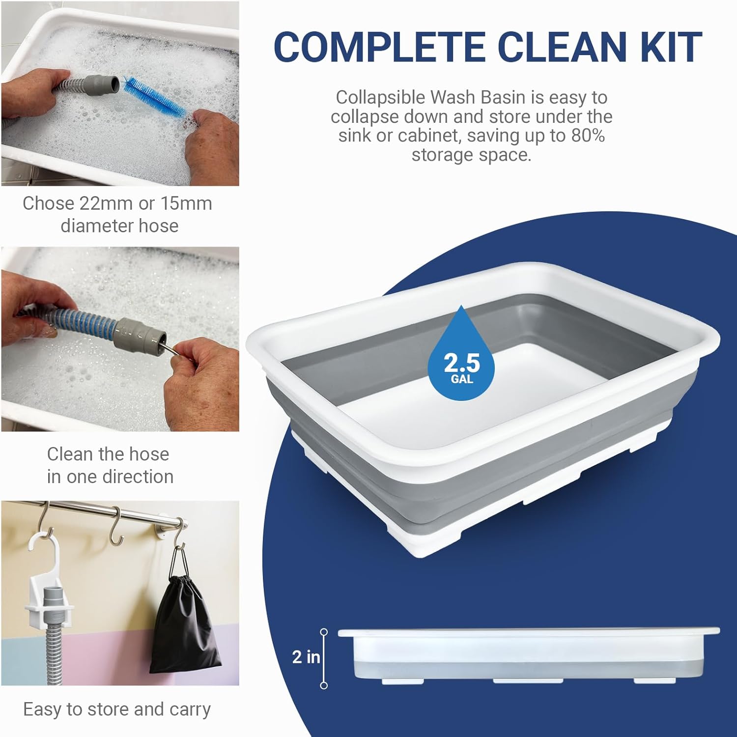9 Pack CPAP Tube Cleaning Kit, Collapsible Wash Basin, CPAP Hose Holder, CPAP Tube Clips, CPAP Tubing Holder, Tube Cleaning Brush Fits for Standard15-22mm Diameter Tubing with Storage Bag
