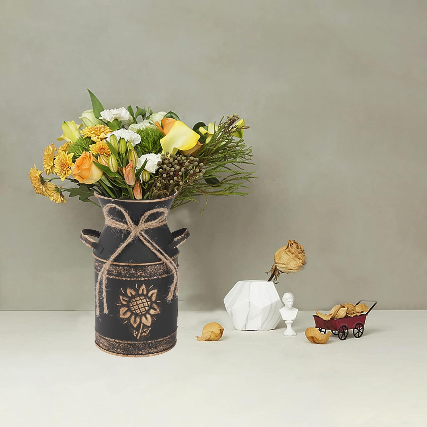 Frcctre 2 Pack Rustic Metal Milk Can Galvanized Vase, 7.5" Shabby Chic Vase Farmhouse Milk Jug Vases Vintage Decorative Metal Flower Vases for Living Room, Bedroom, Dinning Table - Image 8