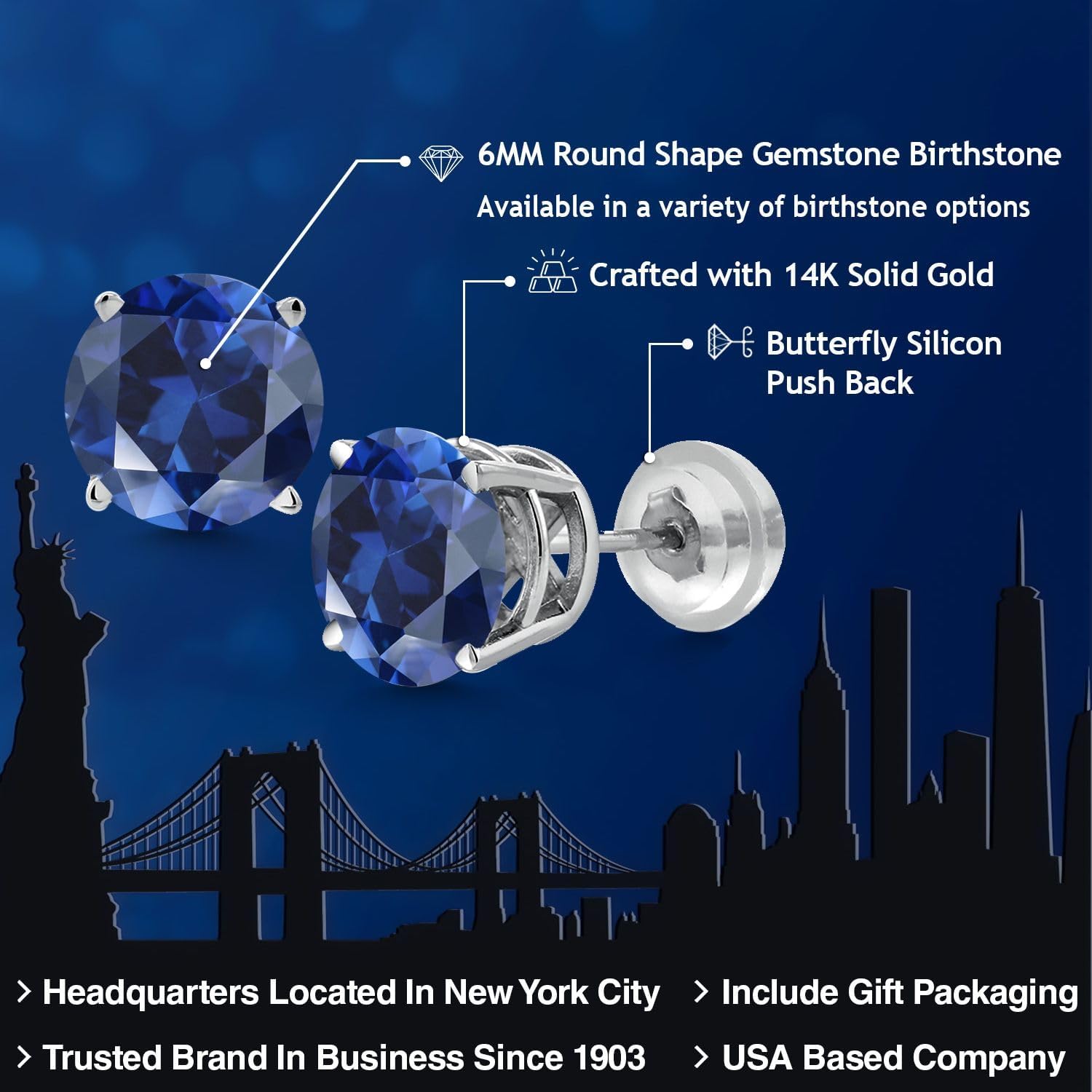 Gem Stone King 14K White Gold Blue Created Sapphire Stud Earrings | 1.50 Cttw | Round 6MM | Gold Earrings For Women Men