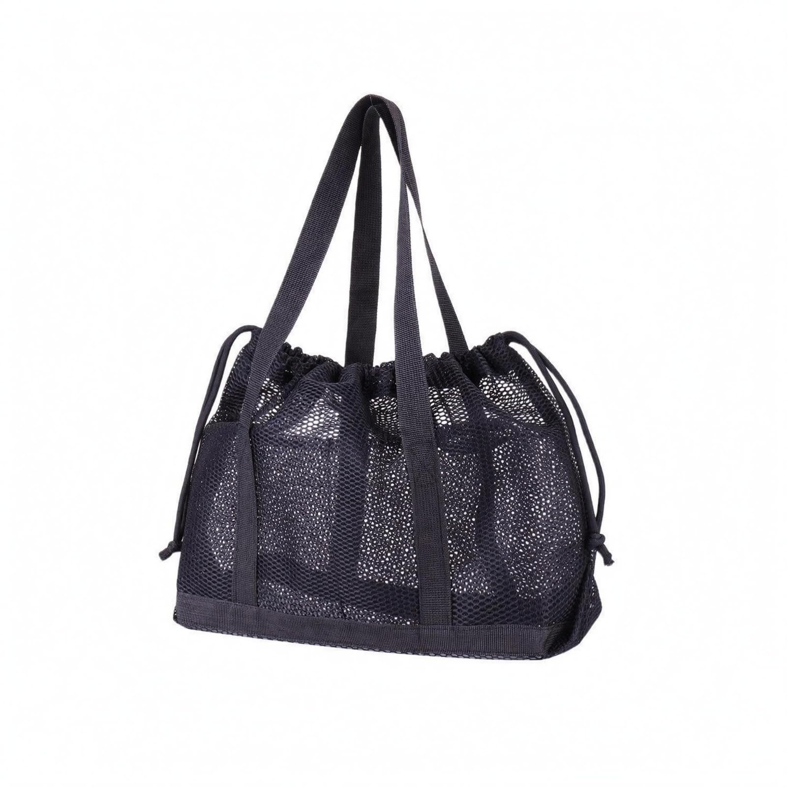 MYADDICTION Two Shoulder Handles Mesh Drawstring Tote Bag Lightweight Drawstring Mesh Tote Reinforced Base Portable Carrier Large Capacity, Black-picture-45