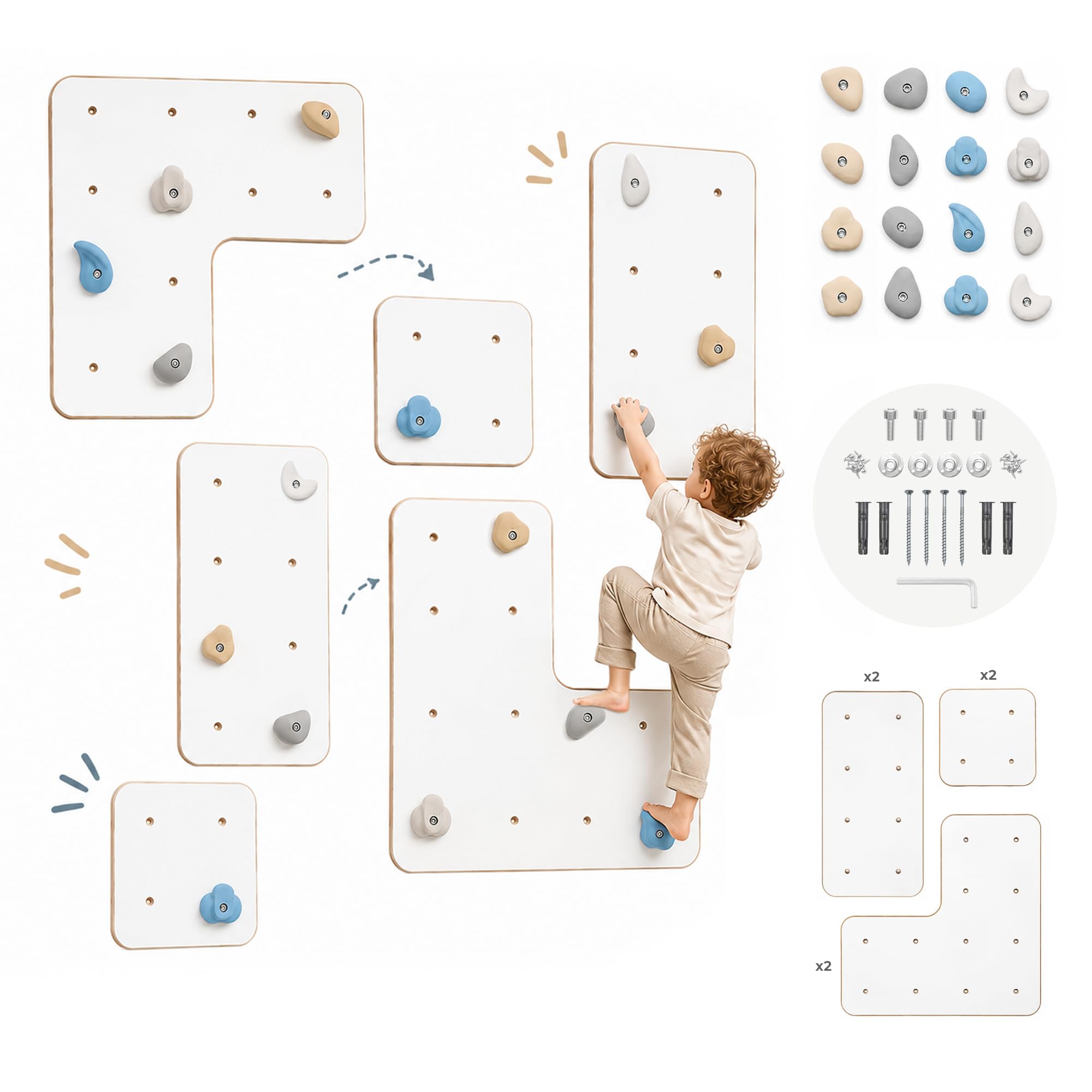 MAMOI® Pared de Escalada para Interiores con Asas, Moderna Pared de Escalada para la habitación, Tablero de Madera Blanca, Juego de Escalada para Montaje
