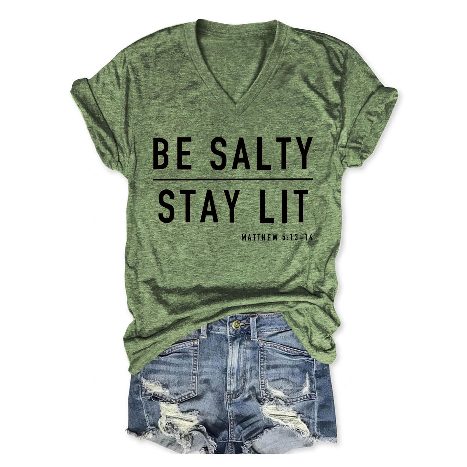 View 1 of [MISSING SHORTS] DAFOUOE Be Salty Stay Lit Shirts, V Neck T Shirts for Womens Short Sleeve Tops Funny Letter Print Graphic Tees Olive Green