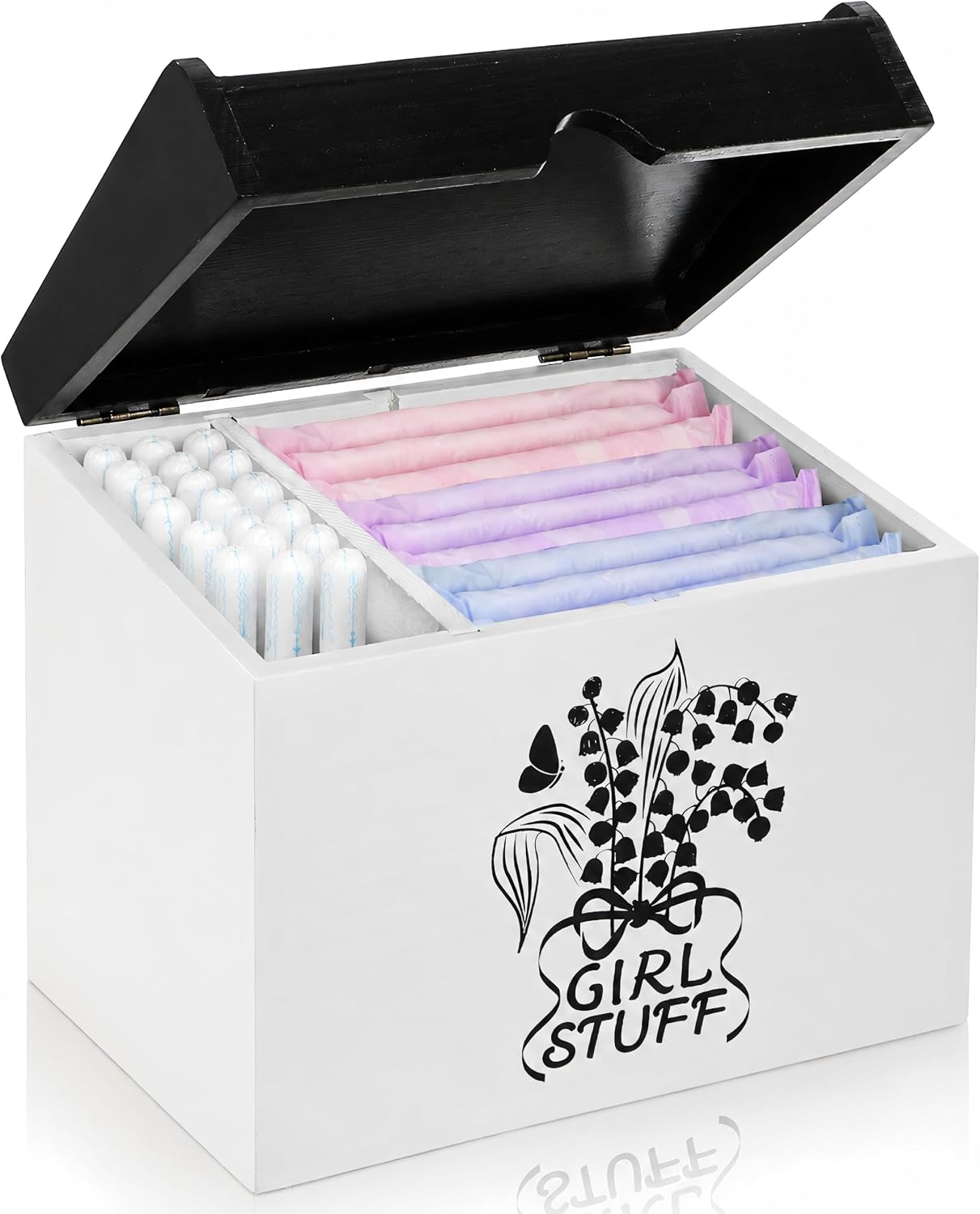 Tampon Holder for Bathroom with Hinged Lid,2 Compartments Wood Feminine Product Organizer, Shark Week Tampon Storage, Girl Stuff Box for Bathroom Accessories, Pad Organizer