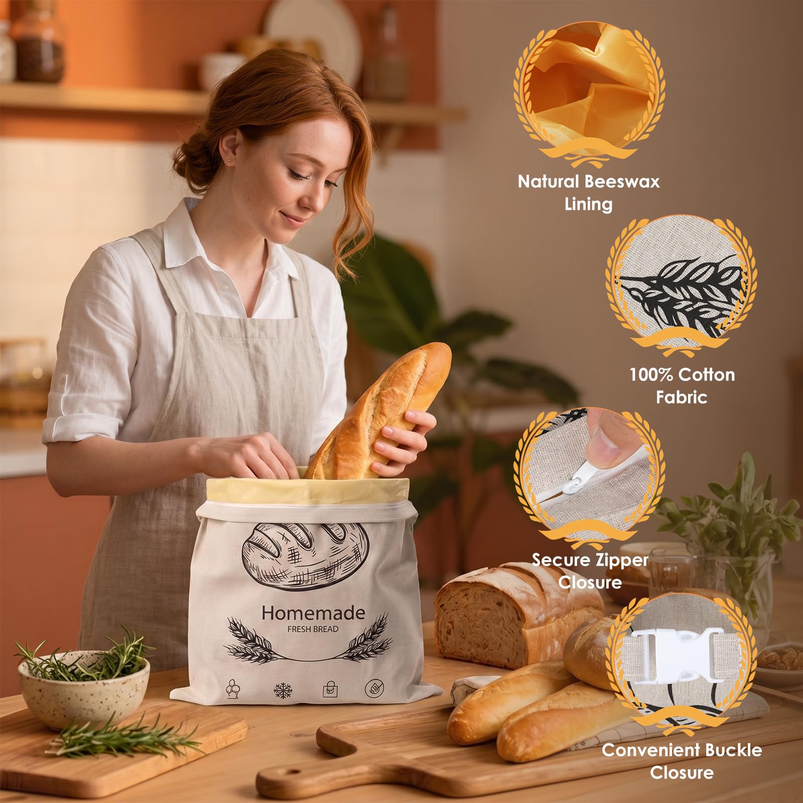 Lot di 2 Sacchetto Pane Cera D'api con Zip, 43×33 cm Sacchetti per Pane in Cera D'api, Congelatore, per Pane a Lievitazione Naturale Fatto in Casa