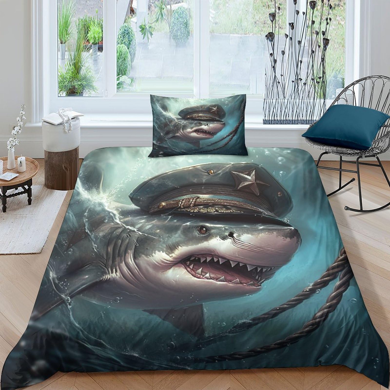 NRAOPEVVD Shark Duvet Cover 3 PCS Hotel Quality Quilt Cover Bedding Bed Covers with Pillowcases with Zipper Closure Hypoallergenic Soft Breathable Microfiber Single（135x200cm）