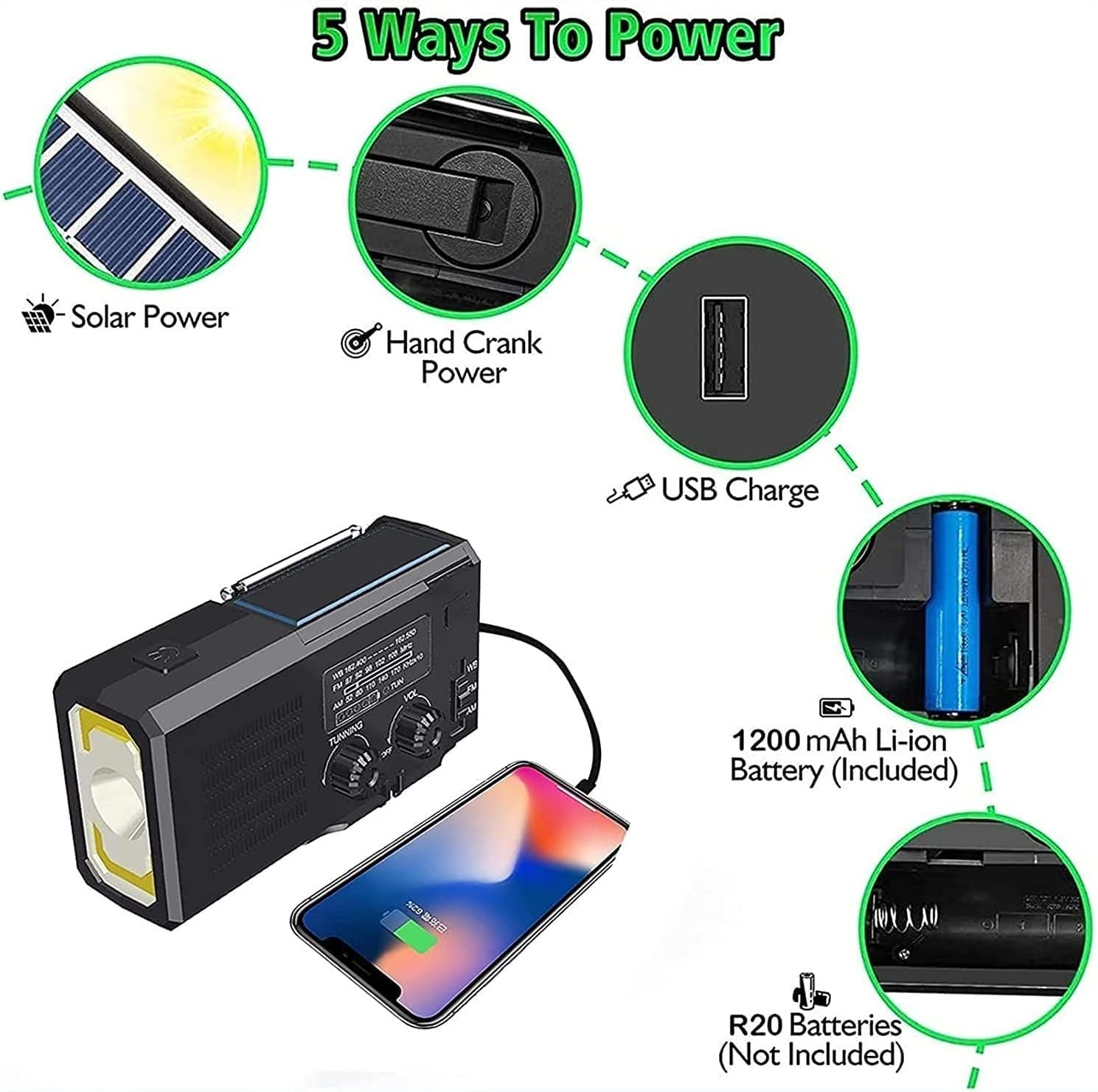LIIAV Radio à manivelle d'urgence, radio météo portable AM/FM à manivelle solaire 4000 mAh avec lampe de poche LED, lampe de lecture, alarme Sos, chargeur de téléphone portable, idéal for les urgences