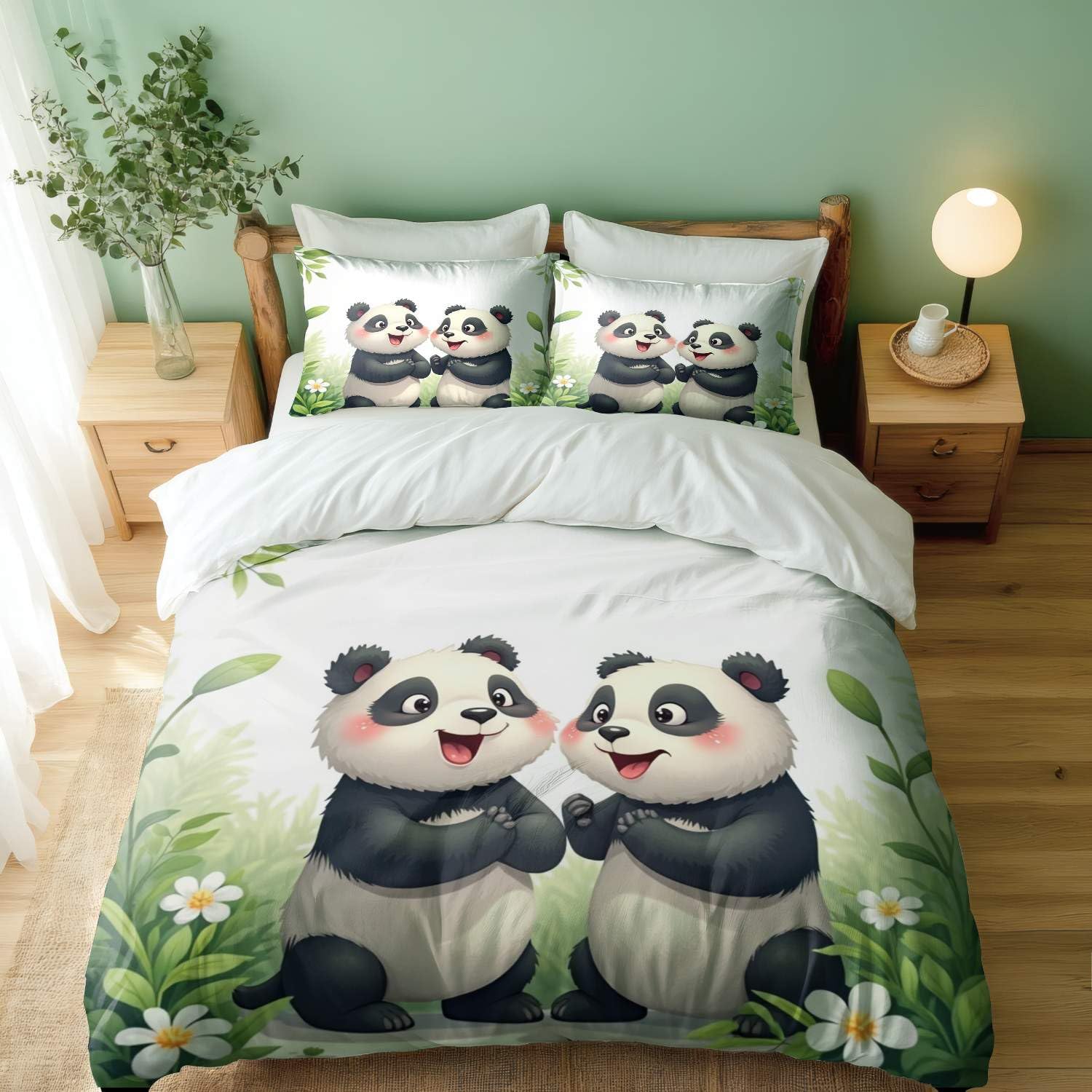 Housse de couette panda en scène de nature pour chambre d'enfant zen