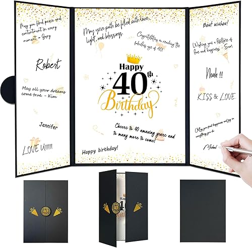Decoraciones de cumpleaños número 40 negro y dorado, libro de invitados alternativo para cumpleaños de 40 años, decoraciones de cumpleaños de 40