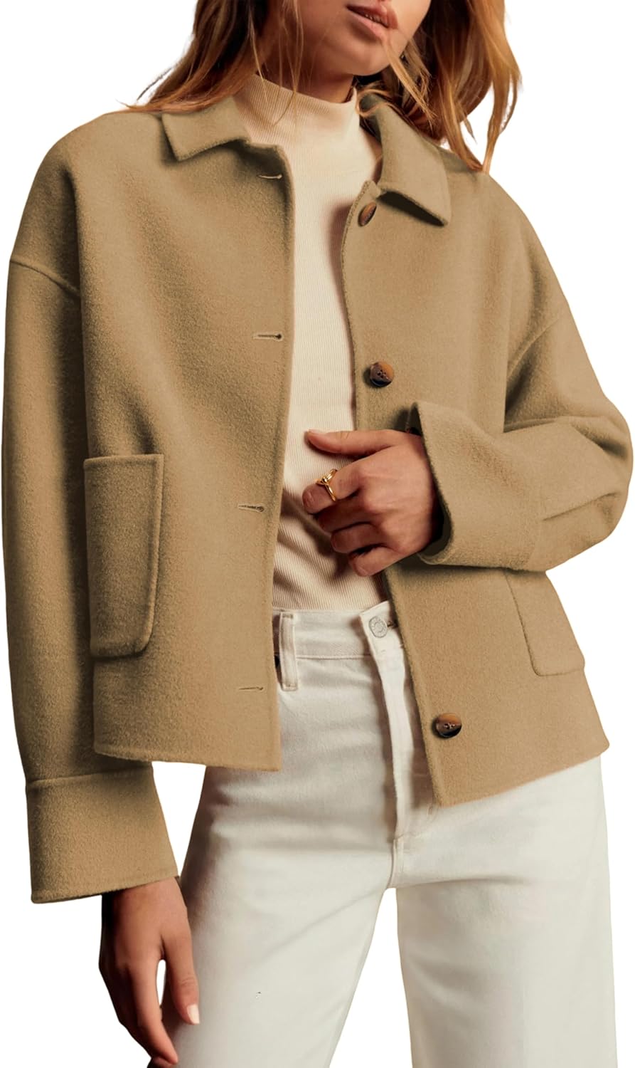 Dqbeng Women Cropped Pea Coat Boxy Fit Casual Short Jacket Outerwear with Pockets