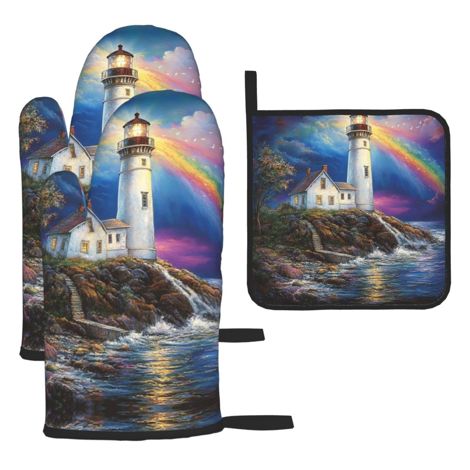Oven Mitts and Pot Holders Set of 3 Heat Resistant Non-Slip Kitchen Gloves Hot Pads Rainbows Lighthouse Mittens Non-Slip Potholders for Cooking Baking Grilling BBQ