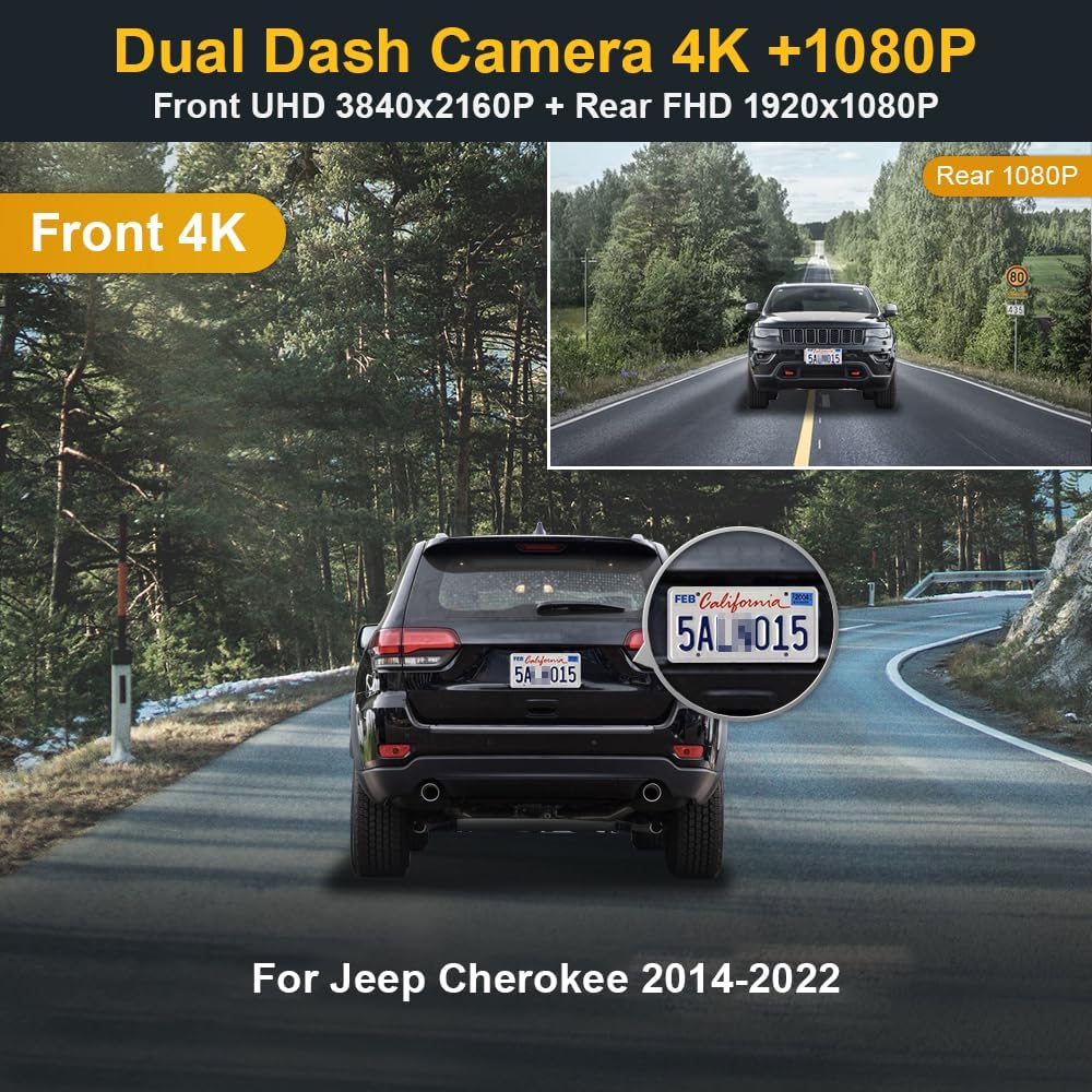 Fitcamx Dual 2160P+1080P Dash Cam Adapts for Jeep Cherokee 2014-2022 (HD2-6091/NO Vent at Front), OEM Factory Look, 2 Way HD Video, WiFi & APP, Loop Recording, G-Sensor, Easy to Set, 128GB Card