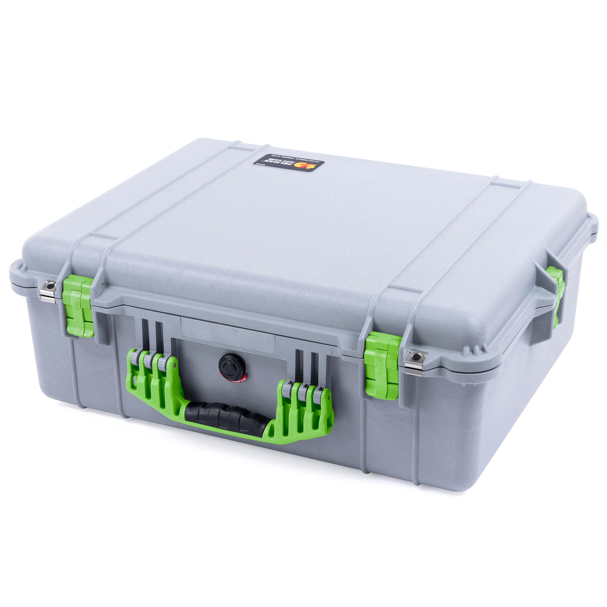 Pelican 1600 Case by ColorCase - Silver - Large Size Waterproof Case with Mesh Lid Organizer - Lime Green Handle & Latches