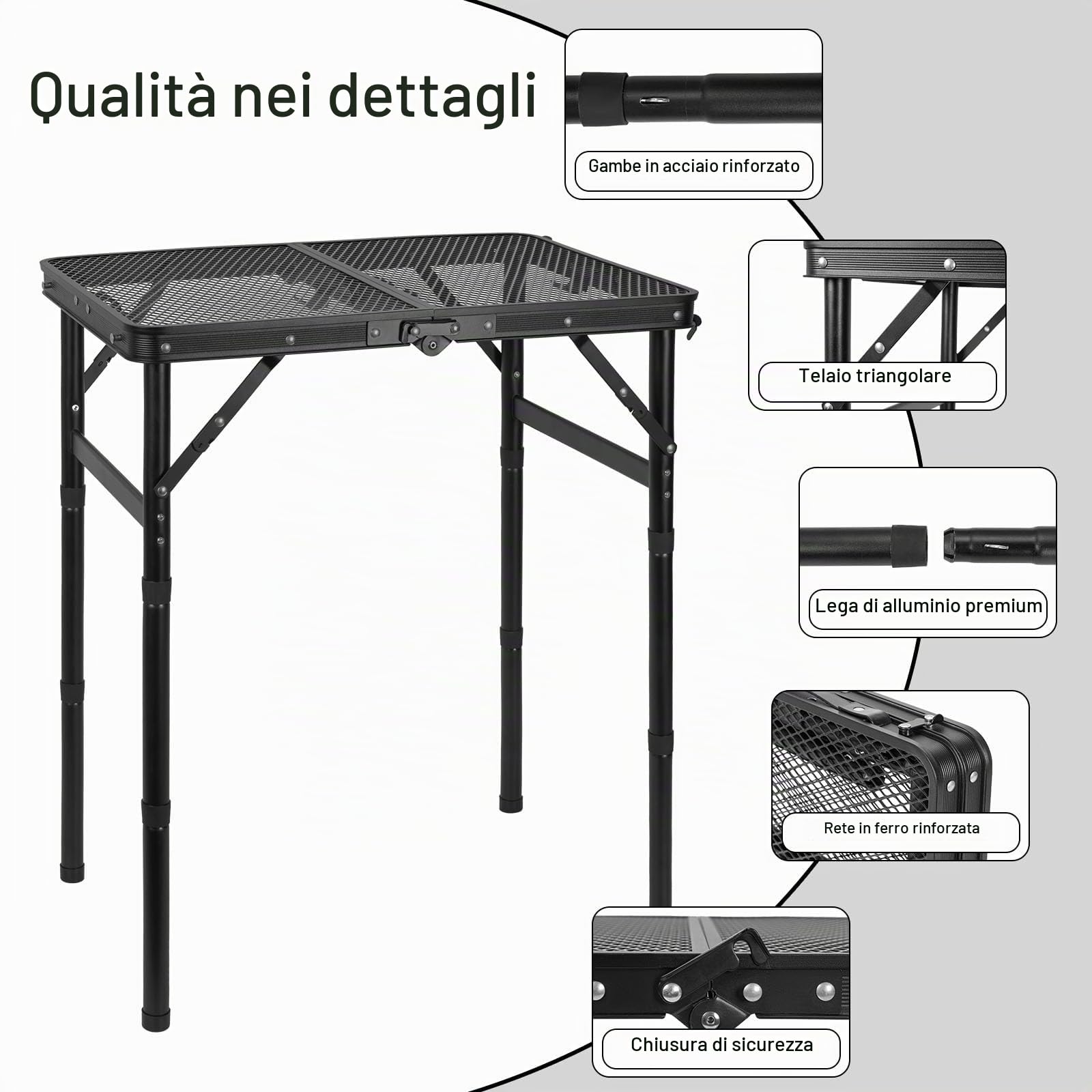 AKOZLIN Tavolo da campeggio pieghevole,3 regolabile in altezza,59×40×70cm | Tavolo multifunzione,Mesh Desktop,Maniglia portatile,Camping,Giardino,Balcone