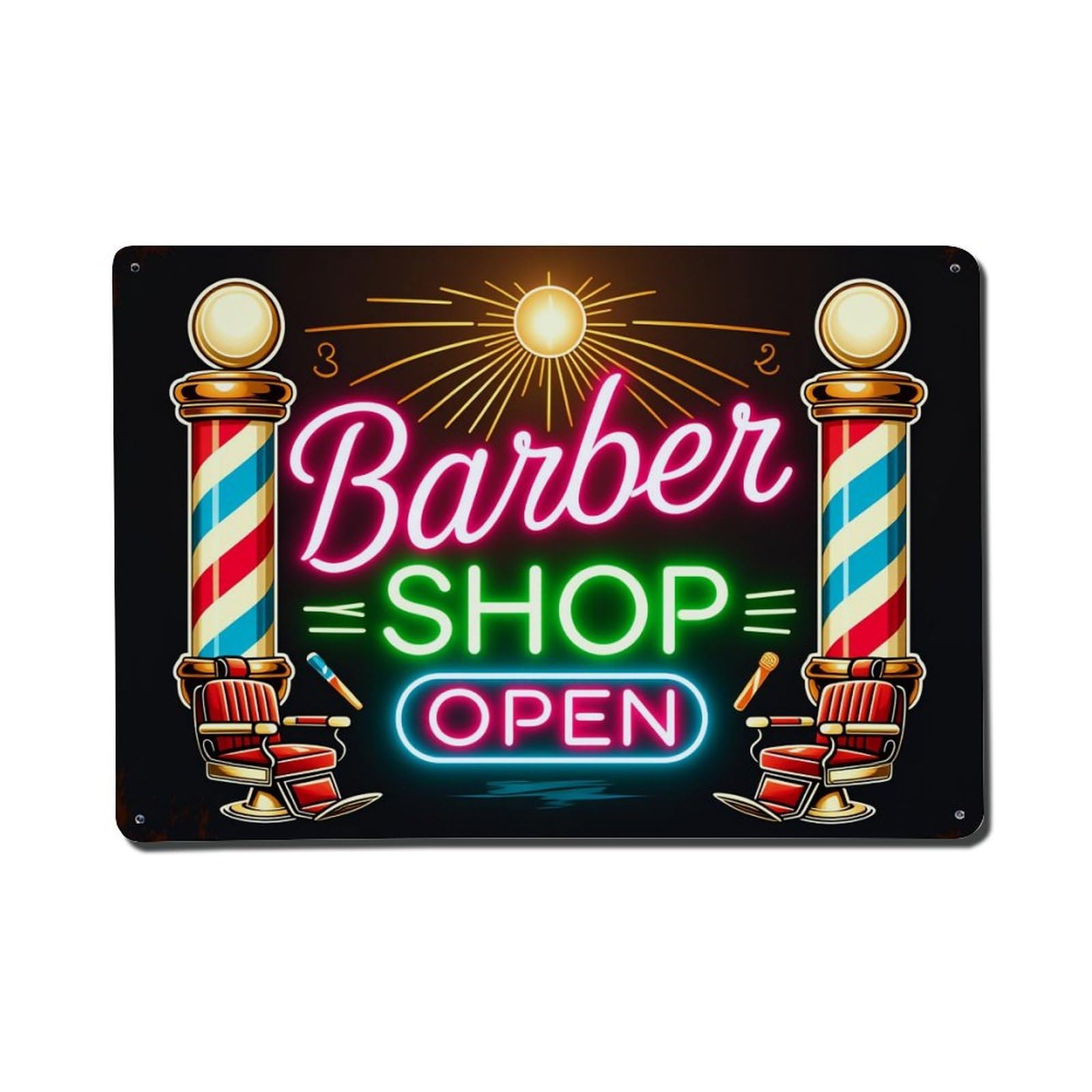 Barber Shop Neon Sign Open Vintage Tin Sign Retro Metal Wall Decor Metal Poster, Home Bar Garage Farmhouse Cafe Wall Art Decoration 8x12Inches