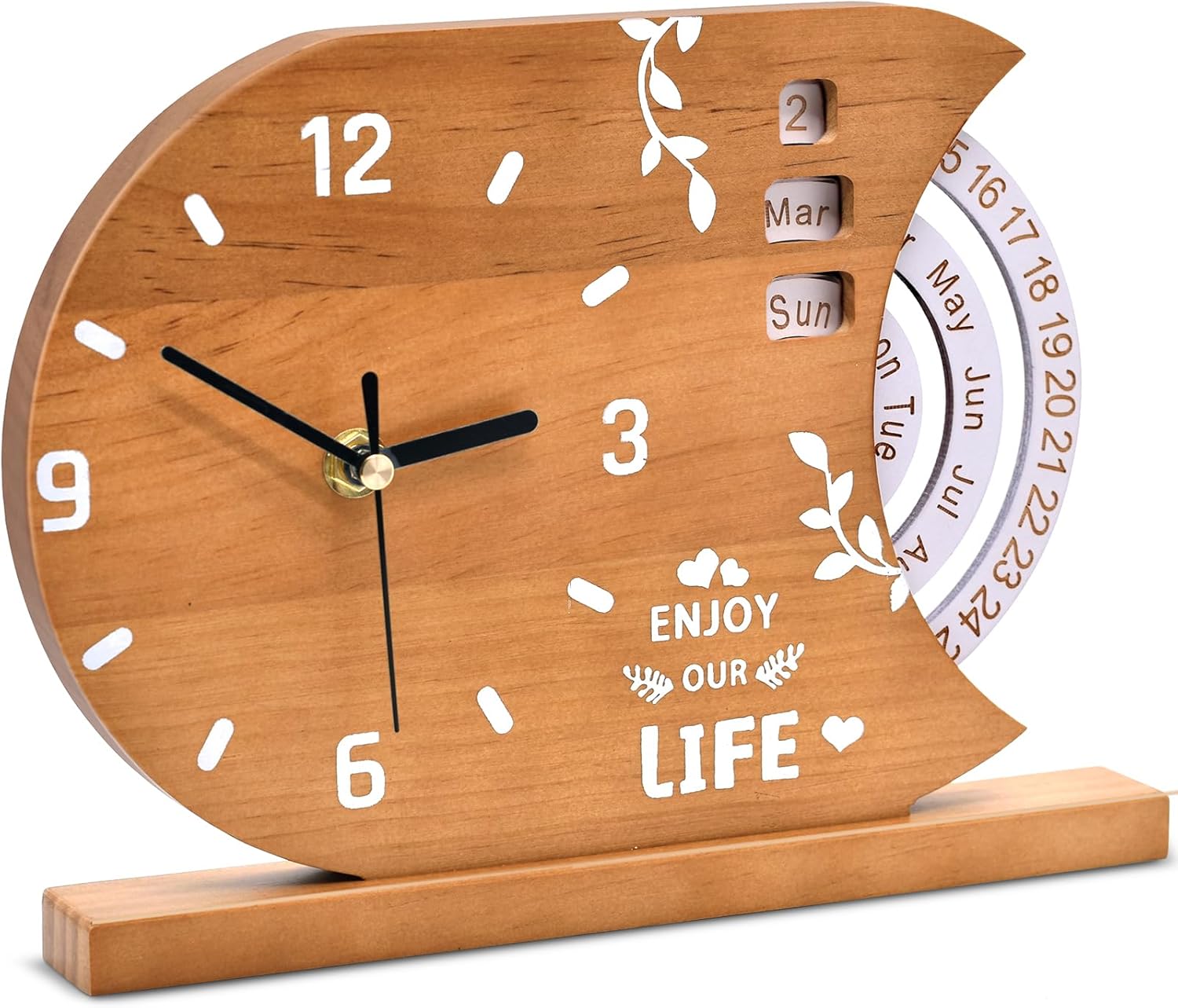2-in-1 Wooden Analog Clock & Calendar – Silent No Ticking Desk Clocks Perpetual Calendar for Office, Bedroom, Study – Vintage Home Shelf Table Decor – Flip Date, Month & Day of The Week