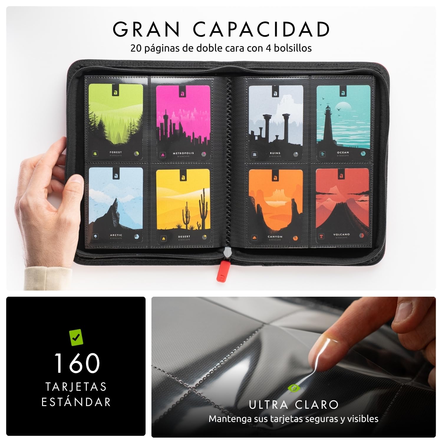 Vault X Álbum Exo-Tec con Cremallera, para 160 Cartas Coleccionables, 4 Bolsillos, 20 Páginas de Carga Lateral (Rojo)