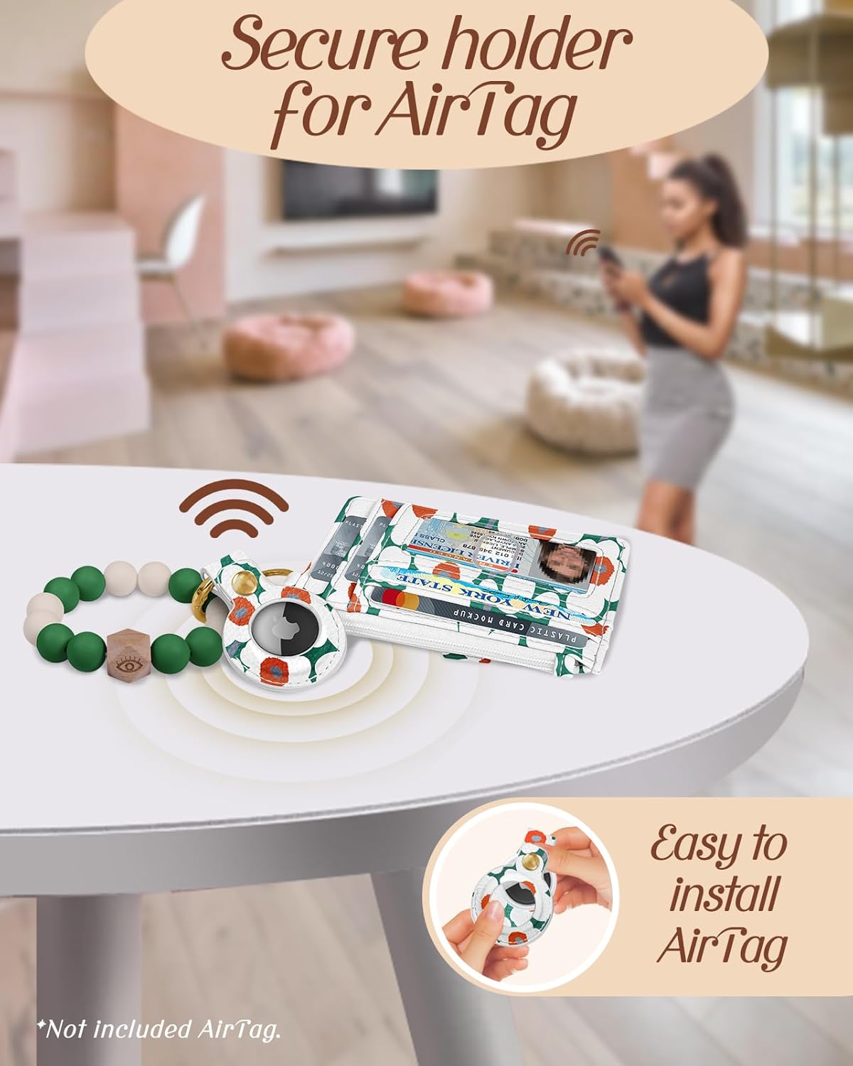 Wallet Keychain Wristlet for Women with AirTag Holder - Cute Design Credit Card Holder Wallets Key Chain Ring Slim Small RFID Air Tag Coin Pocket Purse for Ladies Teen Girls,Green Flower - Image 2