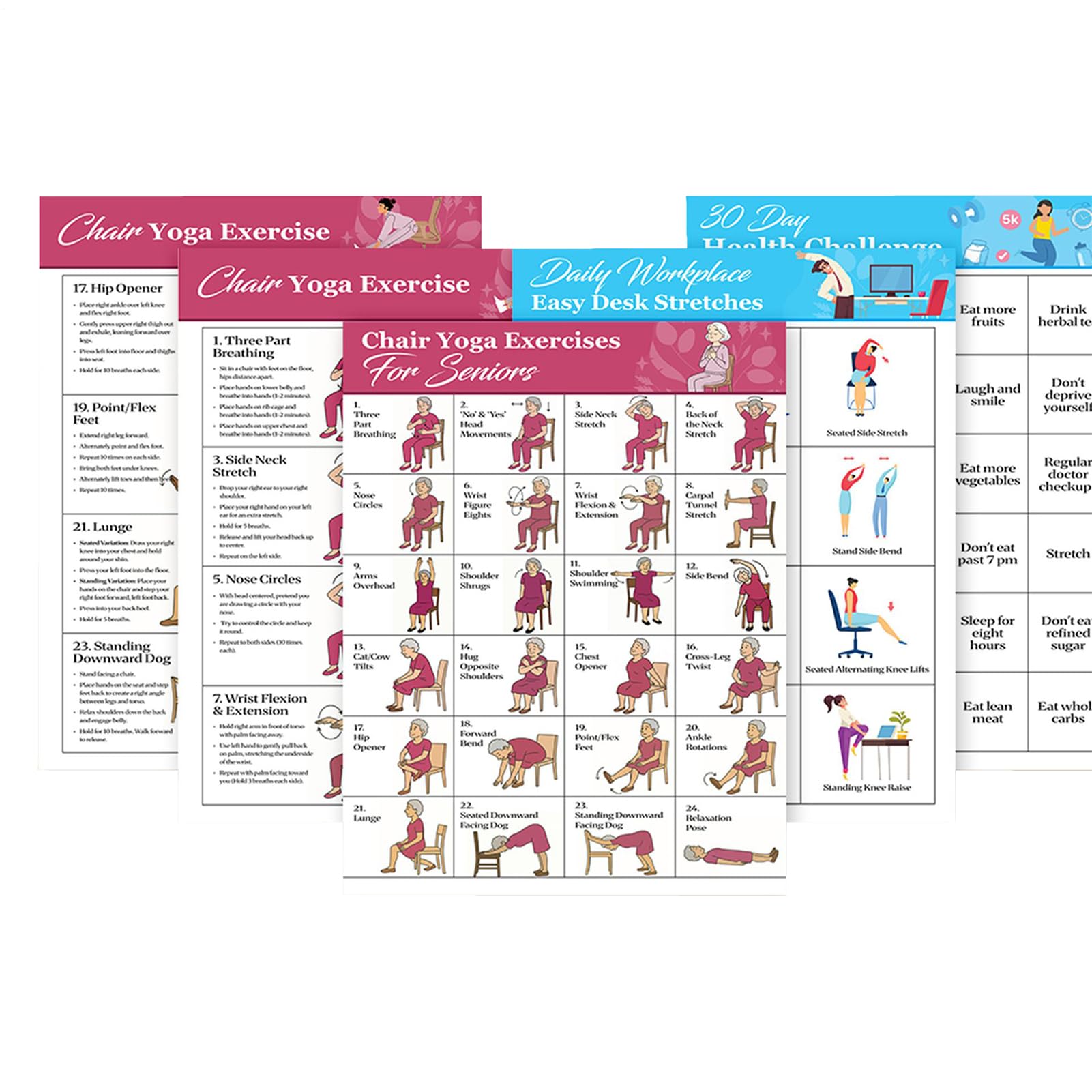 lyanny Poster da yoga per sedia – Poster da ginnastica da seduta, istruzioni (lingua italiana non garantita) , 11 pezzi, per allenamento senza foratura, per pilates, perdita di peso, casa, palestra