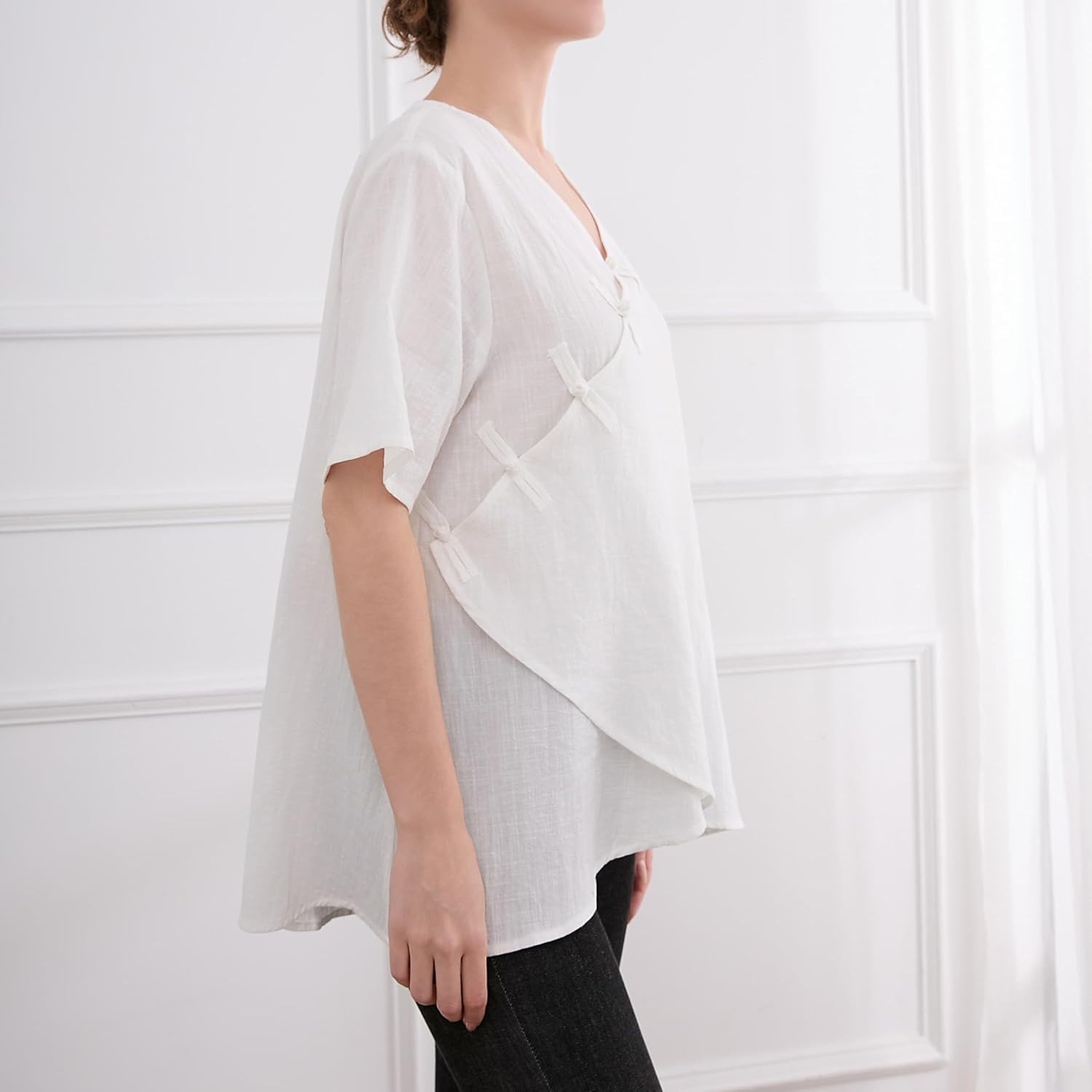 Minibee Women's Linen Retro Chinese Frog Button Tops Blouse - Image 3