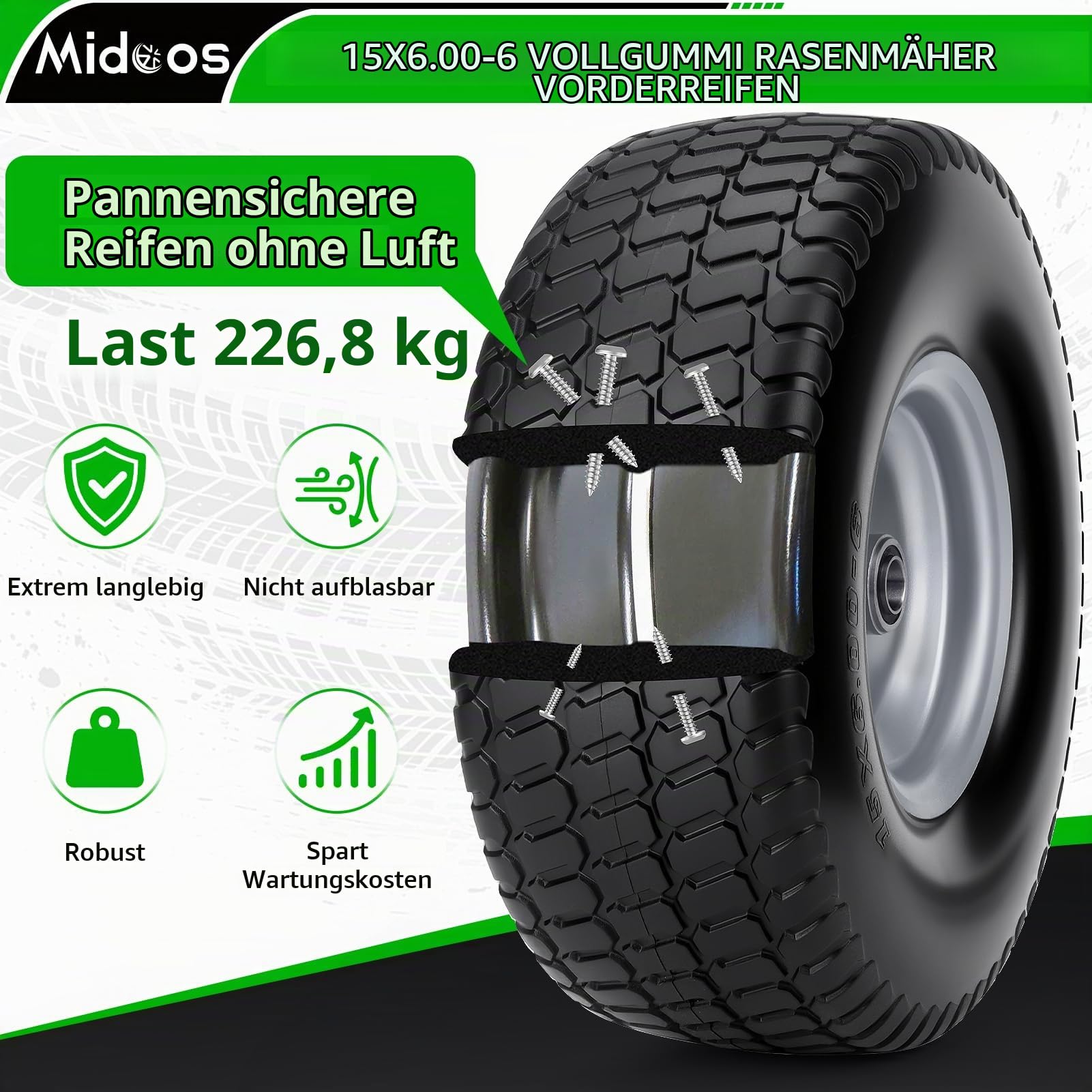 2 Stück 15 x 6,00-6 pannensichere Reifen und Rad, 15 x 6-6 NHS Rasenmäher-Reifen mit 7,6 cm zentrierter Nabe für John Deere/Husqvarna/Craftsman Aufsitzmäher, Rasentraktor, mit 3/4 Zoll & 5/8 Zoll & 1