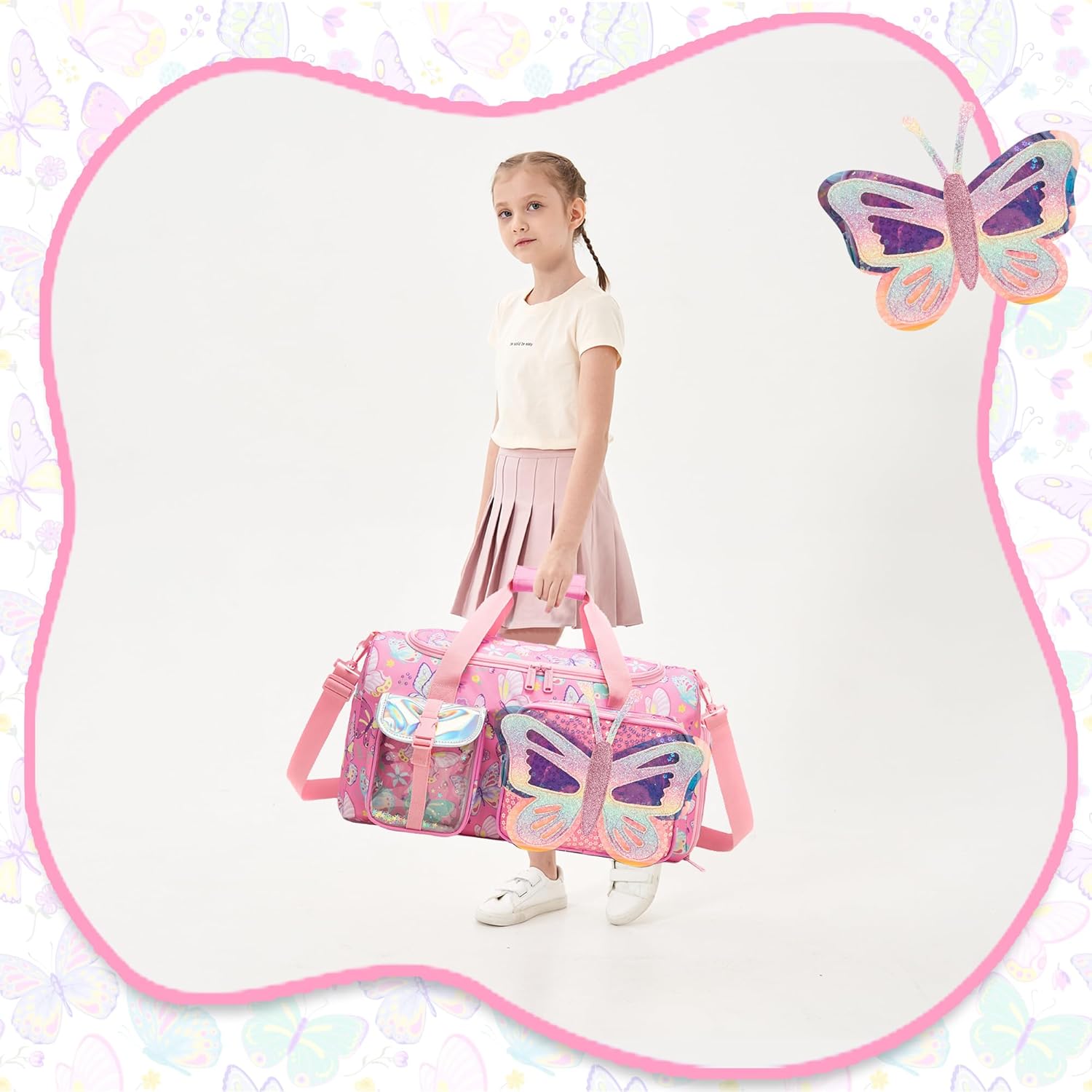 Butterfly Kids Duffle Bag Girls Ballet Dance Bag Overnight Travel Bags for Girls Gymnastics Sports Bags for Kids with Shoe Compartment - Image 7