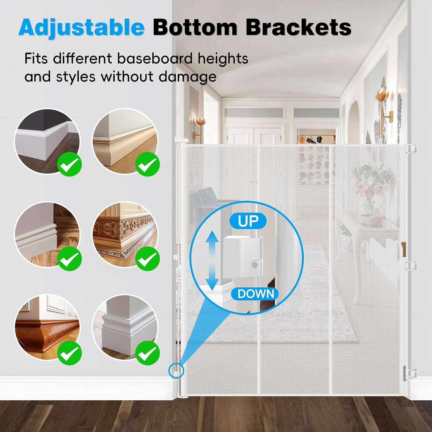 Reinforced 65" Extra Tall Baby Gate for Doorway, Jump-Resistant & Prevent Crawling Underneath Retractable Dog Gates Extra Tall, 0-55" W Retractable Pet Gate for Pet, Dogs, Cats, Puppies, Babies, White