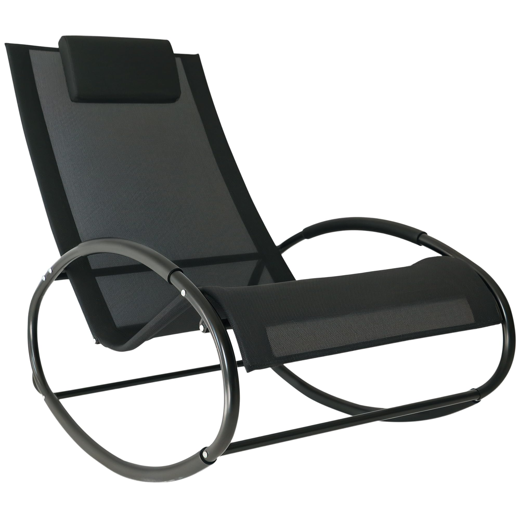 Tumbona de piscina, mecedora al aire libre para tomar el sol, piscina, playa, porche con almohada y malla fresca, balancín de bronceado solar, color negro