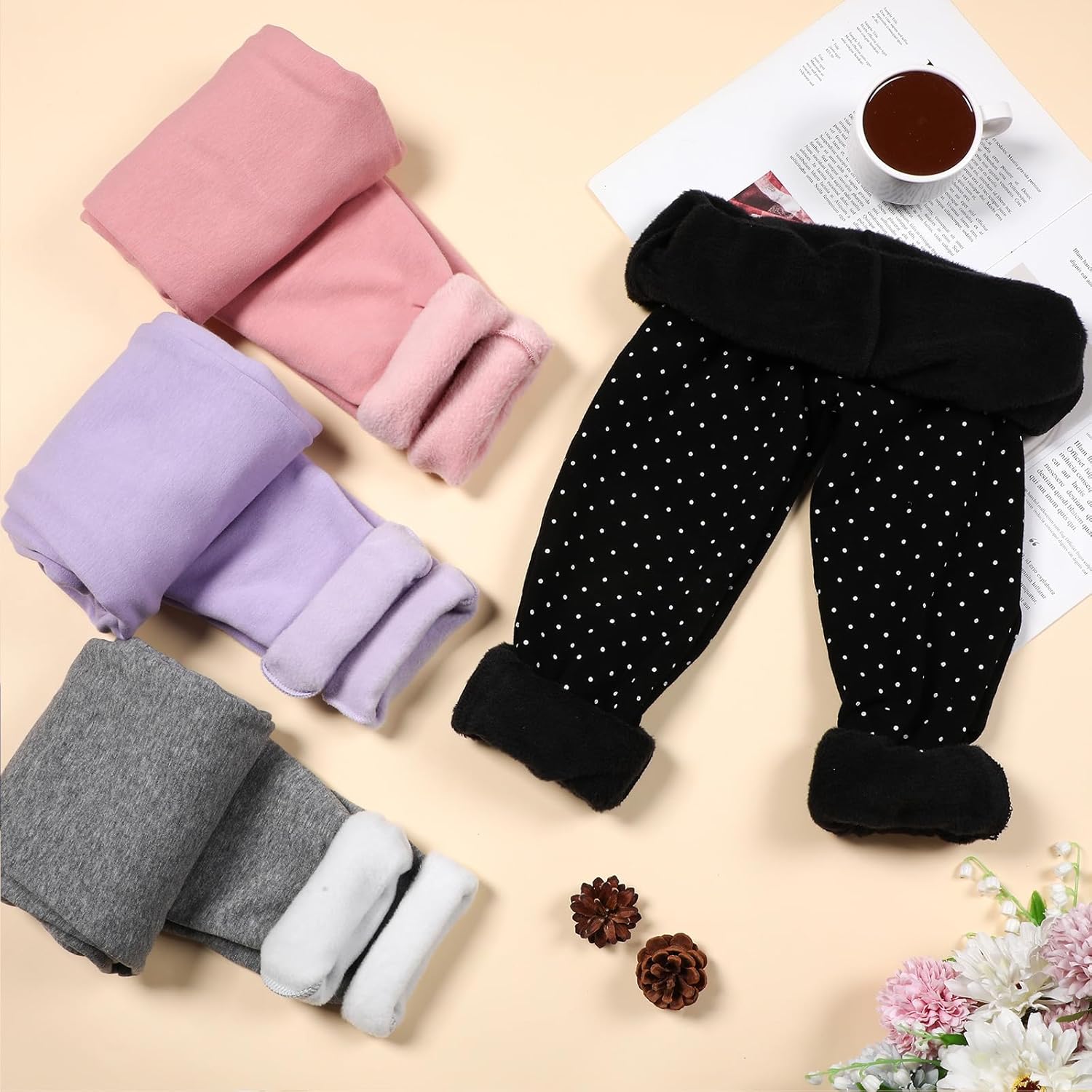 Chuarry 4 Pcs Girl's Winter Fleece Pants Lined Warm Full Length Basic Thick Pants for Kid Toddler - Image 5