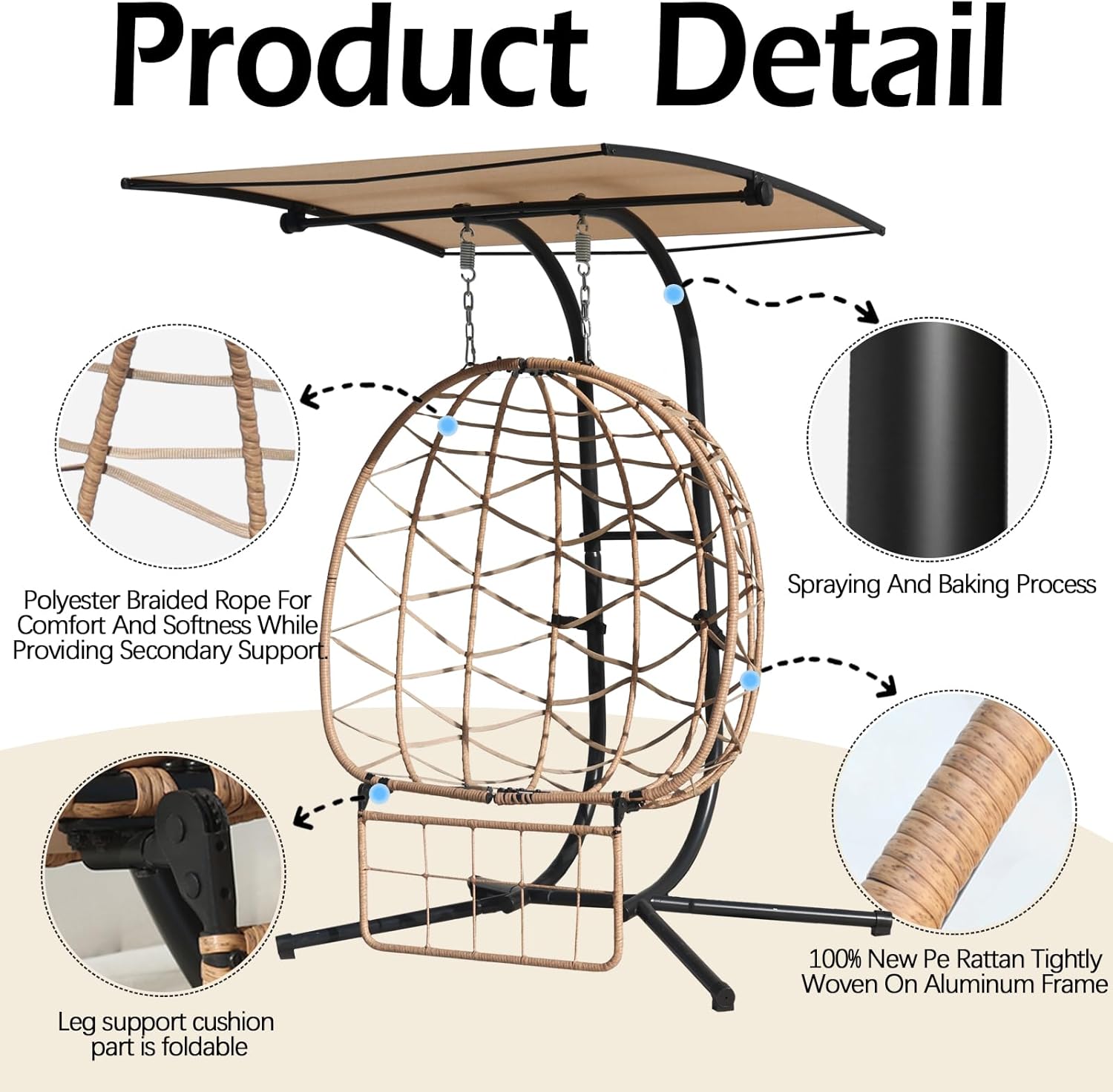 Double Egg Chair Outdoor with Stand & Adjustable and Removable Canopy, Foldable Leg Rest, Leg Support Bracket Tube Thickened Treatment, 600lbs Capacity for Bedroom, Balcony, Garden (HM)