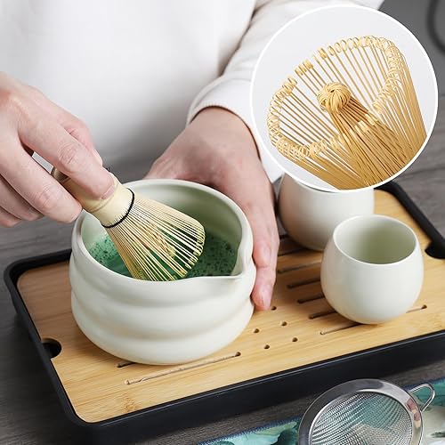 Miniatura 4 de Juego de 12 batidores de matcha, 15 onzas, juego de matcha japonés, con 2 tazas y 1 bolsa de almacenamiento de cuero, juego completo de matcha de