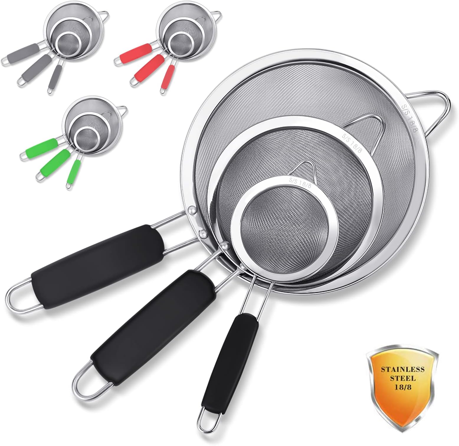 3 Pack Stainless Steel 18/8 Extra Fine Mesh Strainers, Large, Medium & Small Sifters with Comfortable & Non Slip Handles, Ideal for Pasta, Rice, Tea, Spaghetti, Quinoa, Baking
