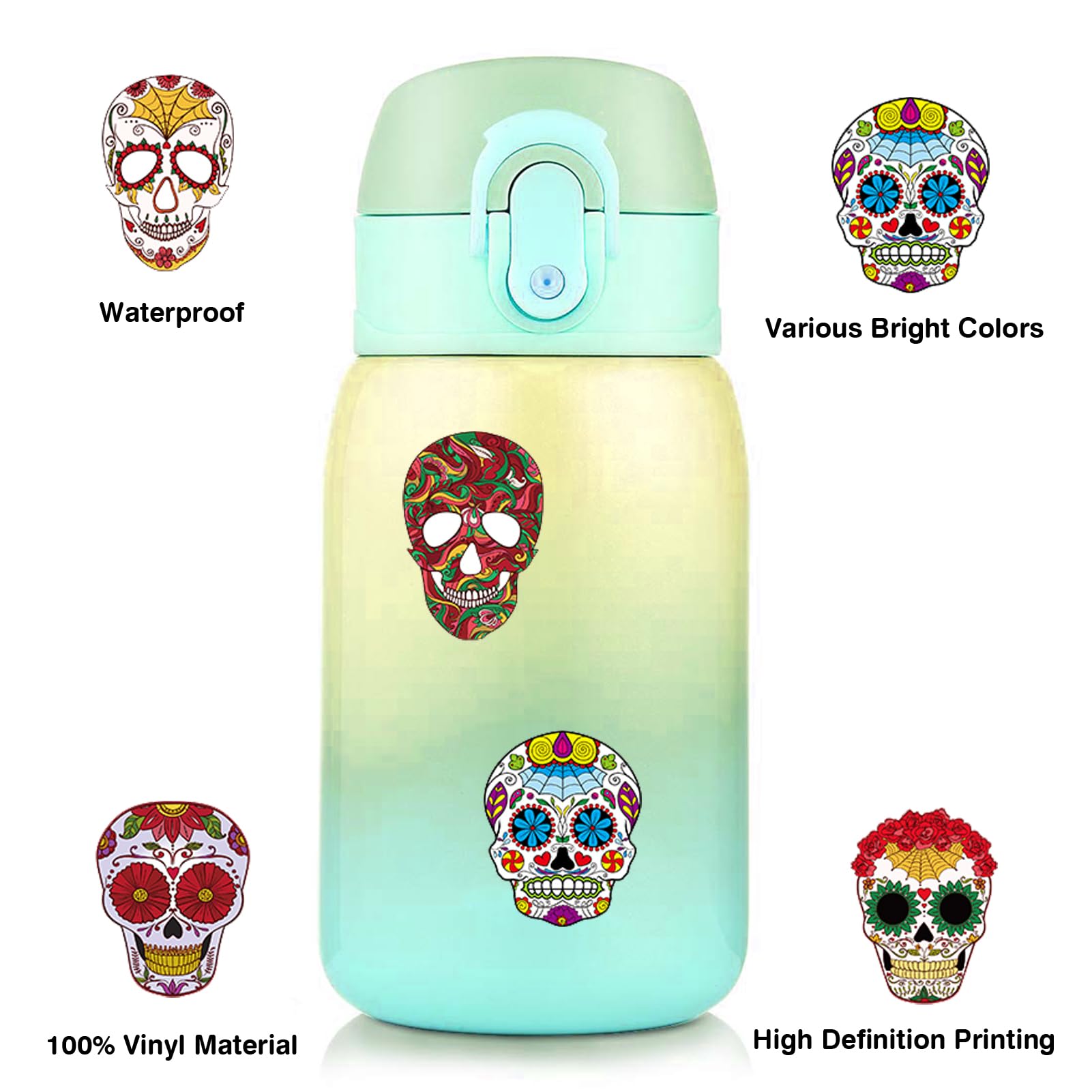 Produktbild von JUGUTA 120 Pcs Halloween Sugar Skull Aufkleber, Dia De Los Muertos Mexikanischer Tag Der Toten Aufkleber Laptop Sugar Skull Wasserdichte Aufkleber Für Wasserflasche Gepäck Fahrradcomputer Skateboard
