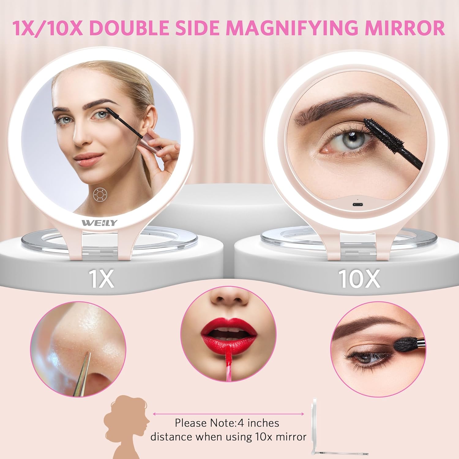 WEILY Magnifying Mirror with Light, 10X/1X Magnification Double-Sided Travel Makeup Mirror, with 3 Color Lights, Touch Control, Rechargeable Portable Mirrors for Bedroom, Bathroom (Pink) - Image 4