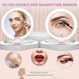 WEILY Magnifying Mirror with Light, 10X/1X Magnification Double-Sided Travel Makeup Mirror, with 3 Color Lights, Touch Control, Rechargeable Portable Mirrors for Bedroom, Bathroom (Pink)