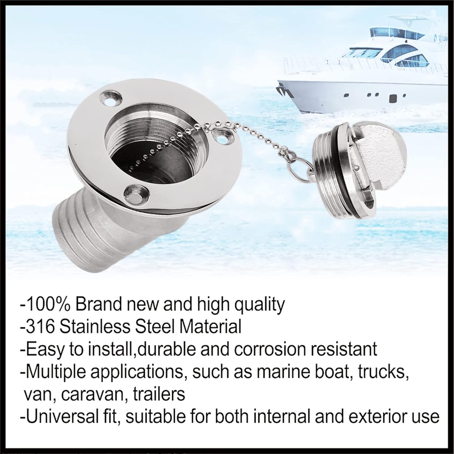 45 Degree Angle Marine Deck Filler Fill ，Stainless steel 316 Keyless Cap boat Hardware accessories Socket yacht W/ Rubber Gasket Fit for 1.5" /2” Diameter hose (Option: Water, 1.5" /38mm)