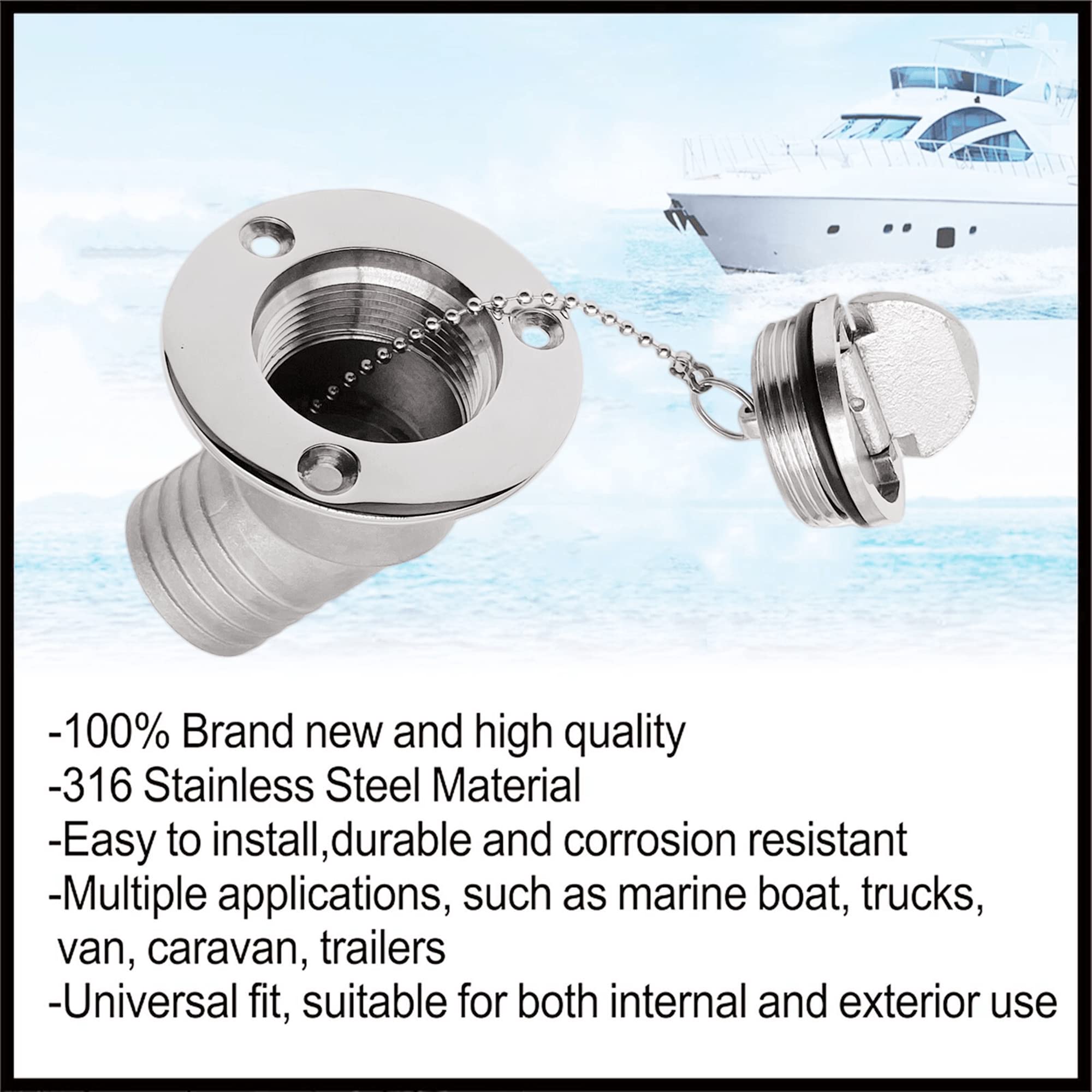 40mm Polished Steel Deck Fill With Chain - Marine Boat Fuel Cap For Yacht & RV