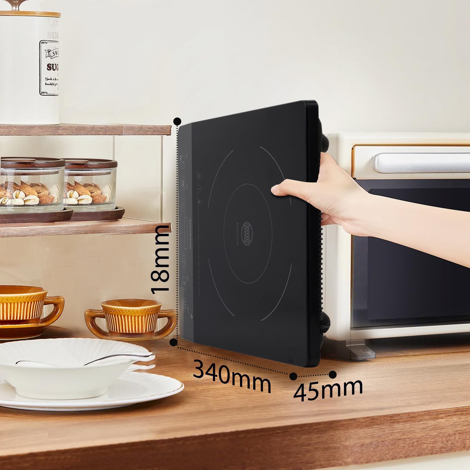 Aigostar Induktionskochfeld 1 Platte 2000W, 10 Leistungsstufen & 10 Temperaturstufen (60-240°C), 3H Timer, Touch-Display, Kindersicherung + Auto-Topferkennung, Ultradünn 5cm induktionsplatte Schwarz