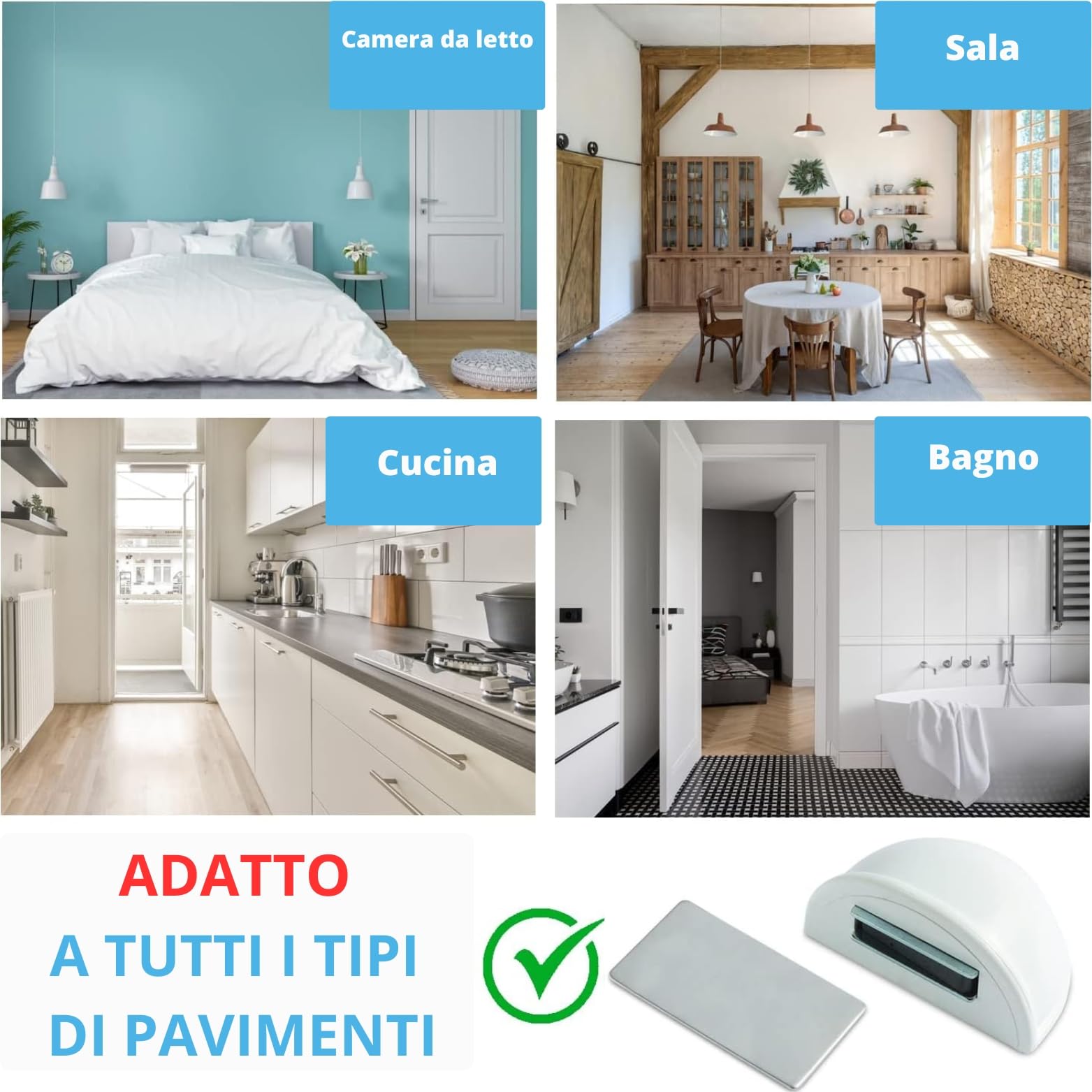 Fermaporta magnetico - Fermoporta da pavimento 4 pezzi - Fermaporte da terra adesivi - Blocca porta da pavimento bianco - Paracolpi porta