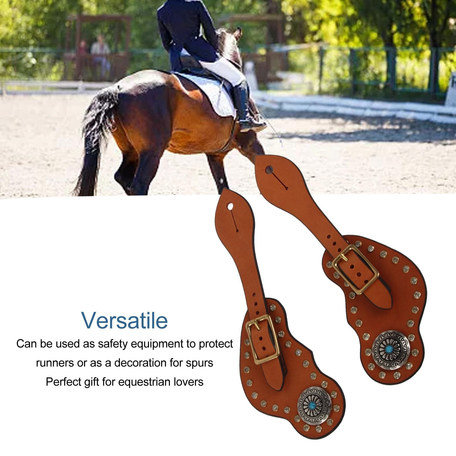 1 Paar Leder-Sporenriemen, Western-Sporenriemen mit Schnalle, echter Rindsleder-Brauner Pferdesporenriemen mit Strassverzierung für Cowboy-Reiten und Reitausbildung
