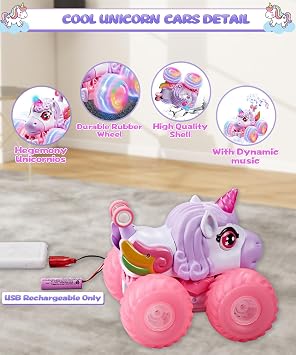 Unicorn Remote Control Car with Lights and Music,360Rotating 4WD Stunt RC Cars Trucks Toys for Girls, 2.4 GHz, Rechargeable, All Terrain RC Toys Gifts for Girls Age 3-10 (with Storage Bag)