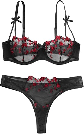 Lilosy Sexy Bows Floral Embroidered Mesh Sheer Underwire Lingerie Set 2 Piece