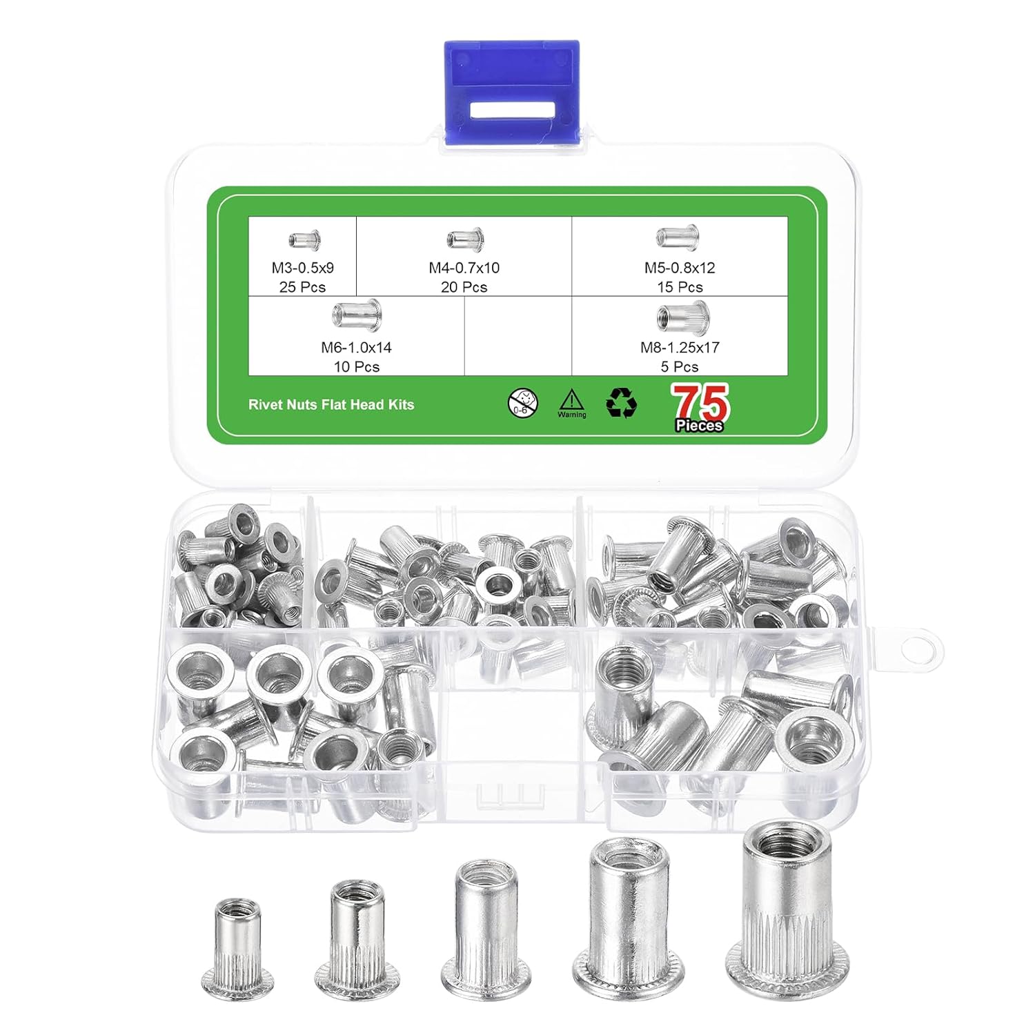 uxcell 75Pcs Rivet Nut, M3-0.5, M4-0.7, M5-0.8, M6-1.0, M8-1.25 Aluminum Alloy Insert Nuts Knurled Body