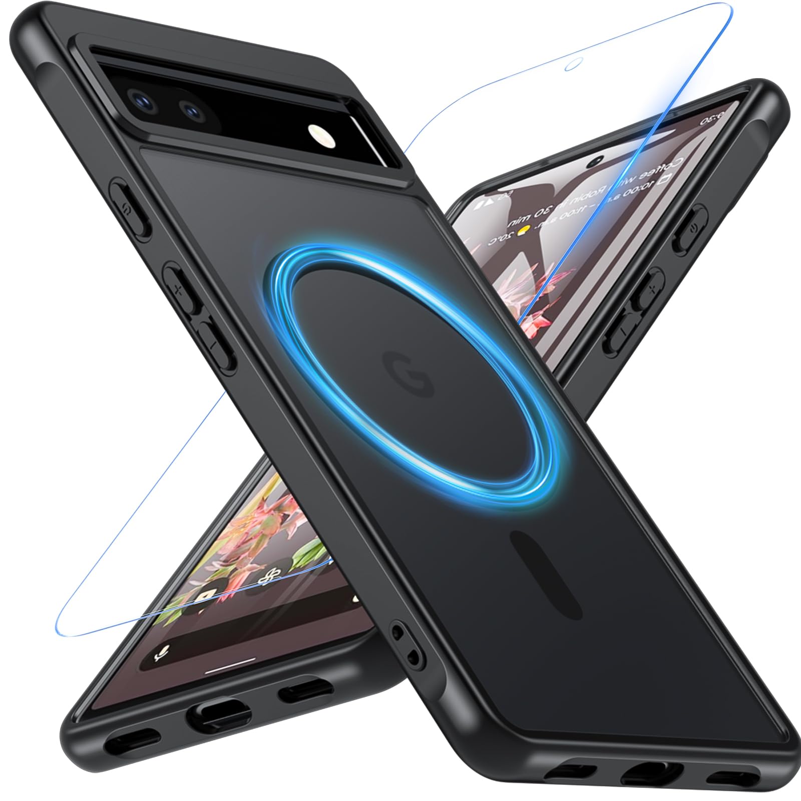 Magnetic for Google Pixel 6A Case with Screen Protector, Black | Google Pixel 6A Phone Case Compatible with MagSafe,Military Grade Drop Protection Slim Translucent Matte Shockproof Cover