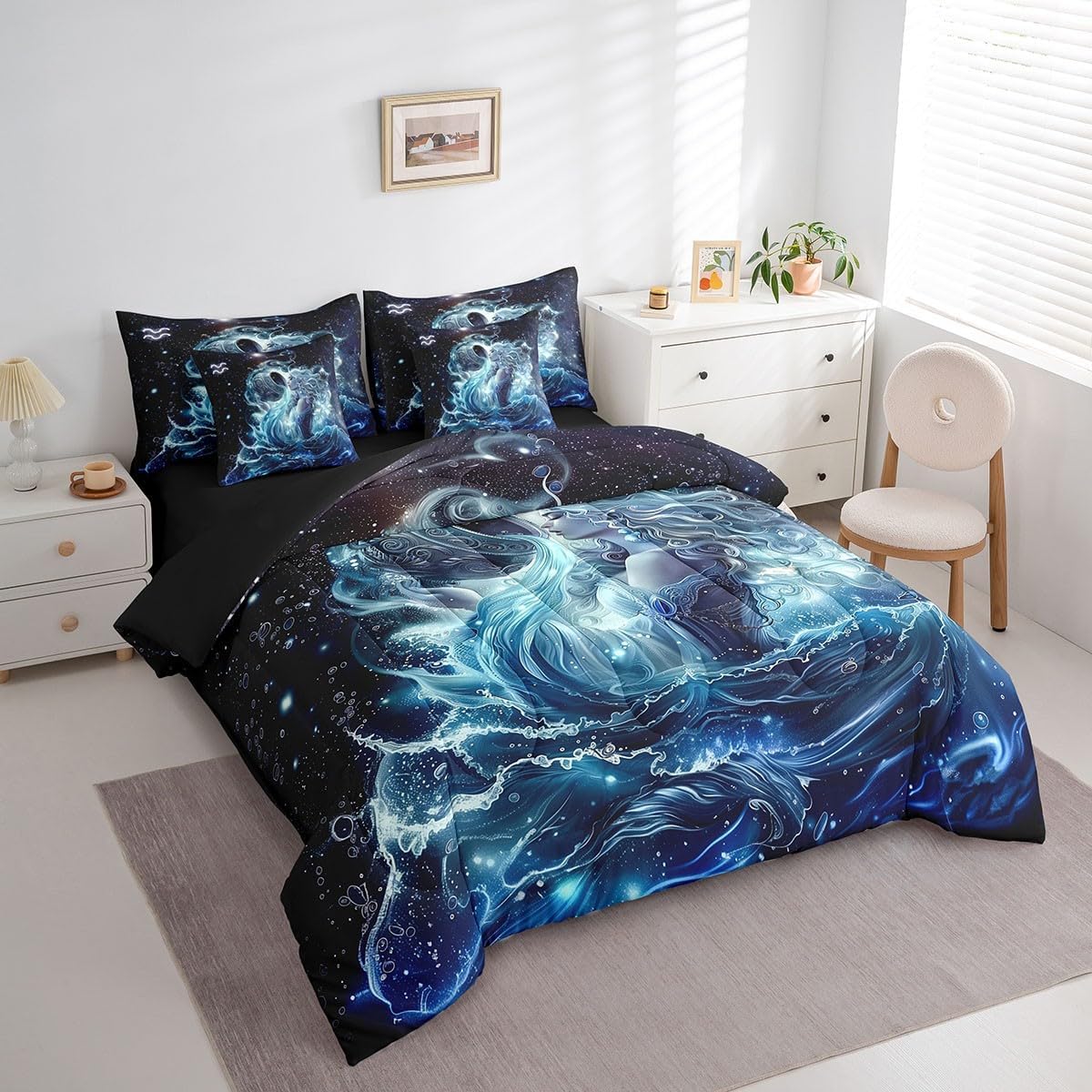 Aquarius Comforter Set 7 Pieces,Trippy Astrology Bed Set,Twelve Constellations Zodiac Bedding Set for Kids,Queen(1 Comforter,2 Pillowcase,2 Pillow Covers,1 Flat Sheet,1 Fitted Sheet)