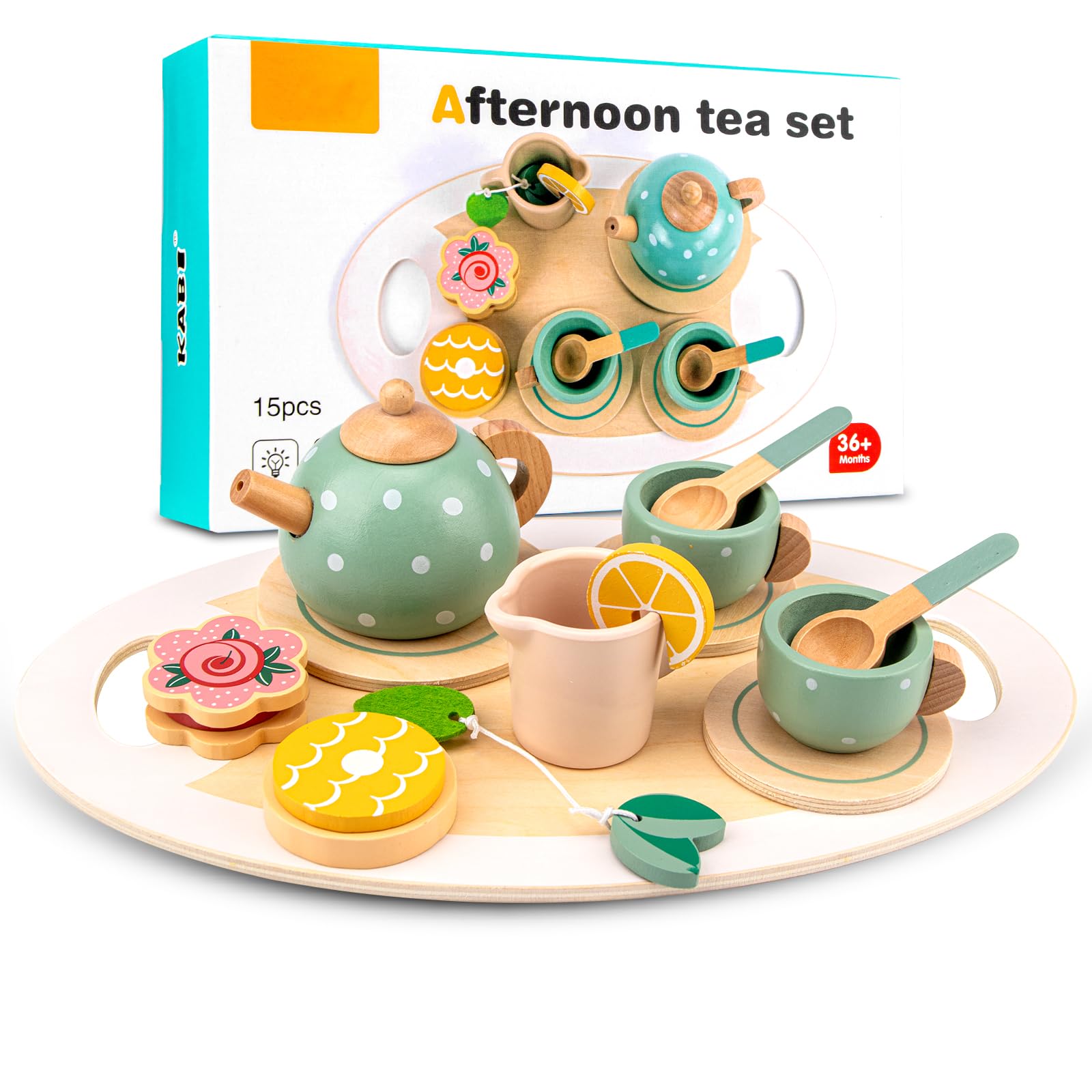 Wooden Afternoon Tea Set 15-Piece Tea Set Pretend Play Tea Party Set Play Food Accessories Food Dessert Teapot Tray Kitchen Accessories Toys Gift Ages 3+