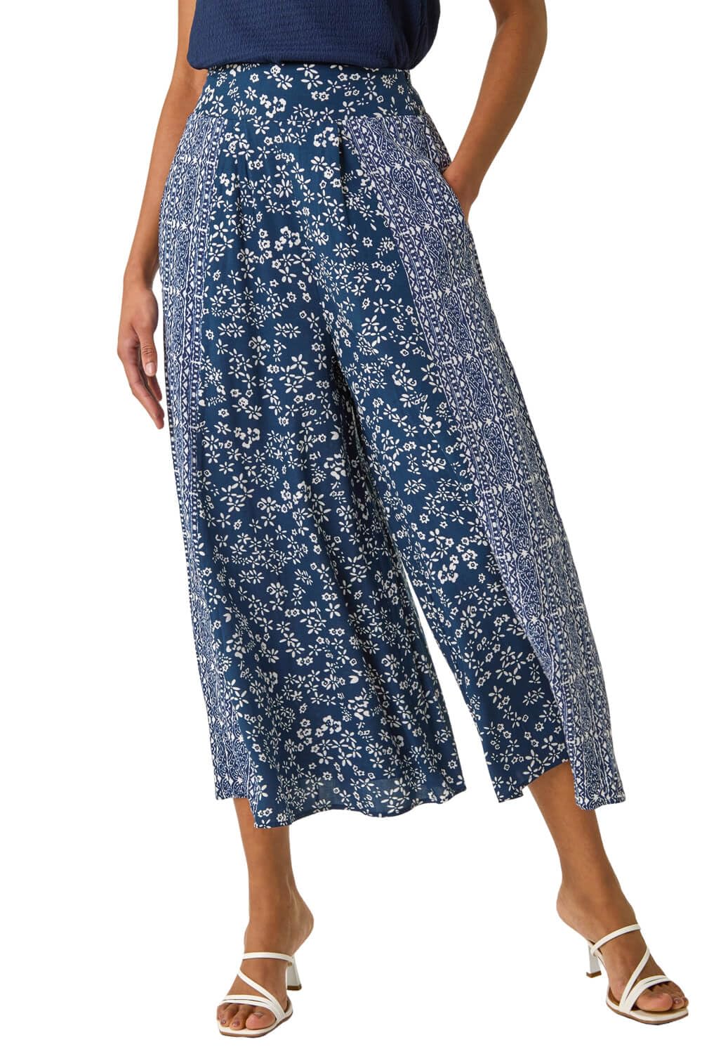Roman Women's Navy Floral Print Wide Leg Culottes Size 18