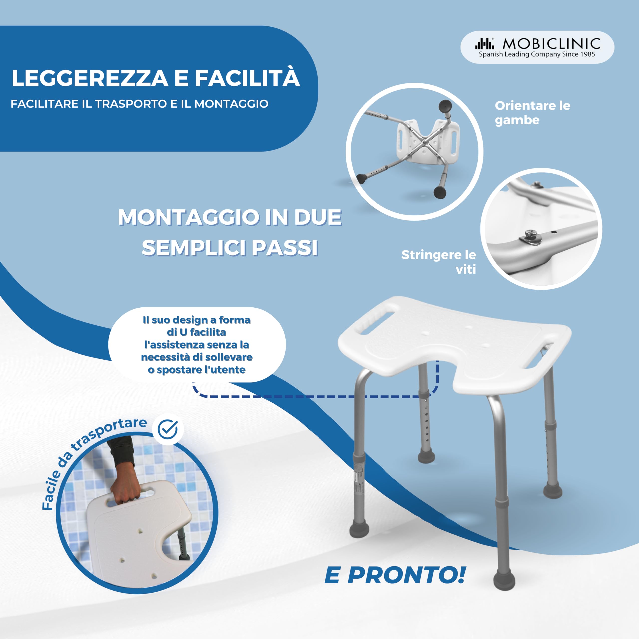 Mobiclinic®, Sedia da Doccia, Regolabile in 7 Altezze, Bahía, Sgabello Bagno, Seduta a U, Fino 100 kg, per Vasca, Piedini Antiscivolo, Alluminio
