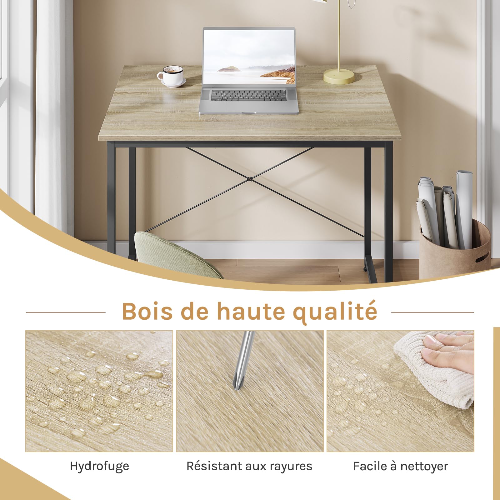 WOLTU Bureau d'Ordinateur, Table Informatique, 80x60x70cm, Chêne Clair+Noir | avec Piétement Métallique, pour Bureau, Salon, Chambre, en Bois Composé