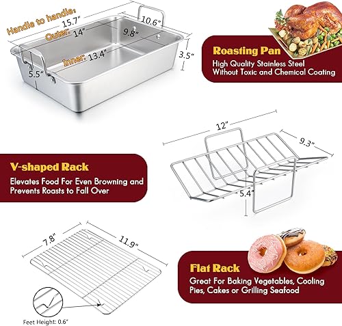 Miniatura 2 de E-far Asador de pavo de acero inoxidable de 14 x 10.6 pulgadas, con estante en V y estante para hornear, pequeña sartén profunda resistente para