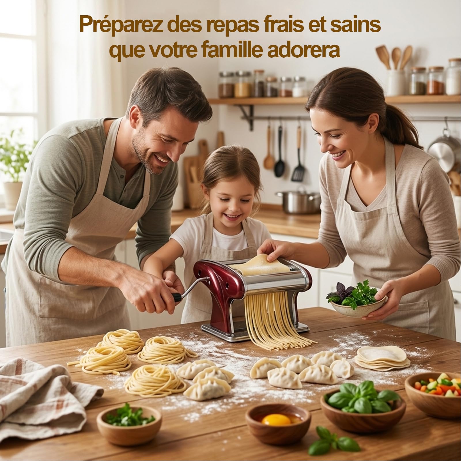 Machine à Pâtes Manuelle en Acier Inoxydable - 6 Épaisseurs Réglables, Double Couteaux (2mm/4mm) pour Spaghetti/Fettuccine - Rouge, Compacte (Idée Cadeau Cuisine)
